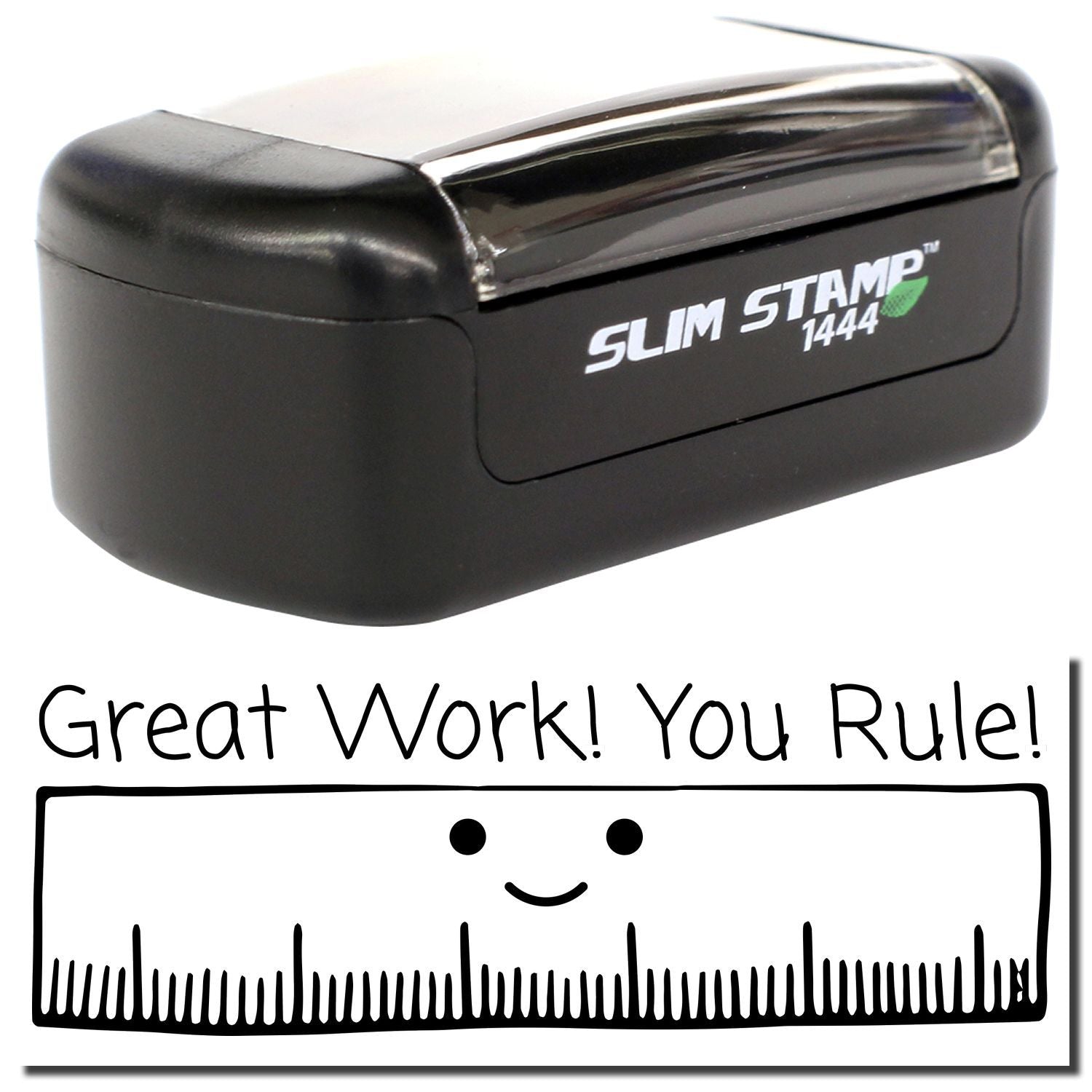 Slim Stamp 1444 self-inking teacher stamp with Great Work! You Rule! message and smiley ruler design