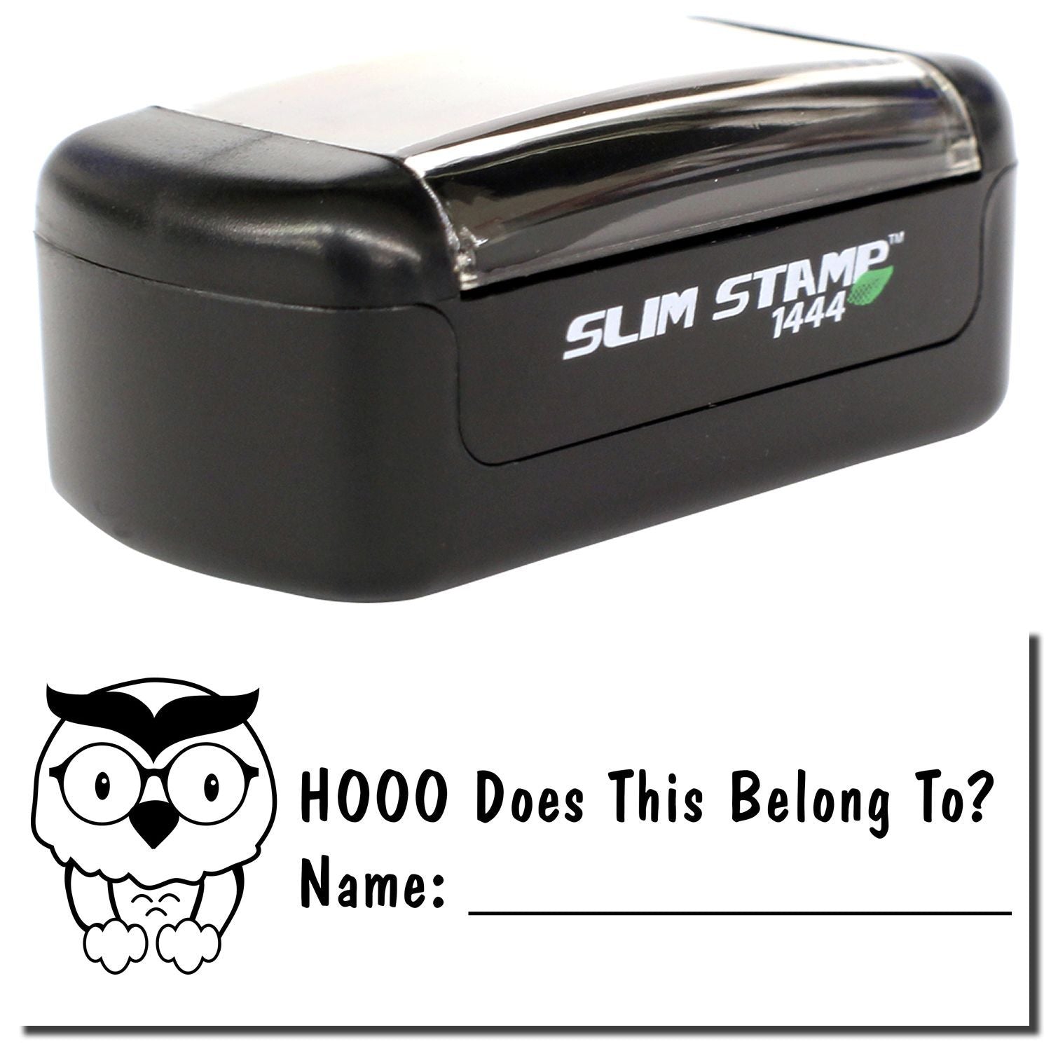 Black Slim Stamp 1444 self-inking name stamp with owl design and Who does this belong to? label for school supplies and kids belongings
