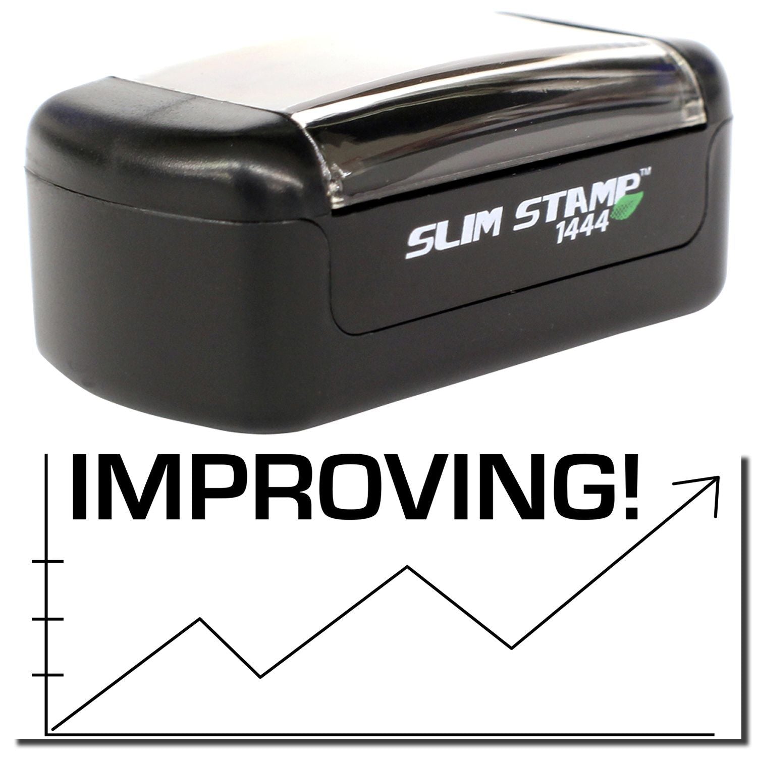 Slim Stamp 1444 black self-inking stamp with Improving! upward growth chart graphic