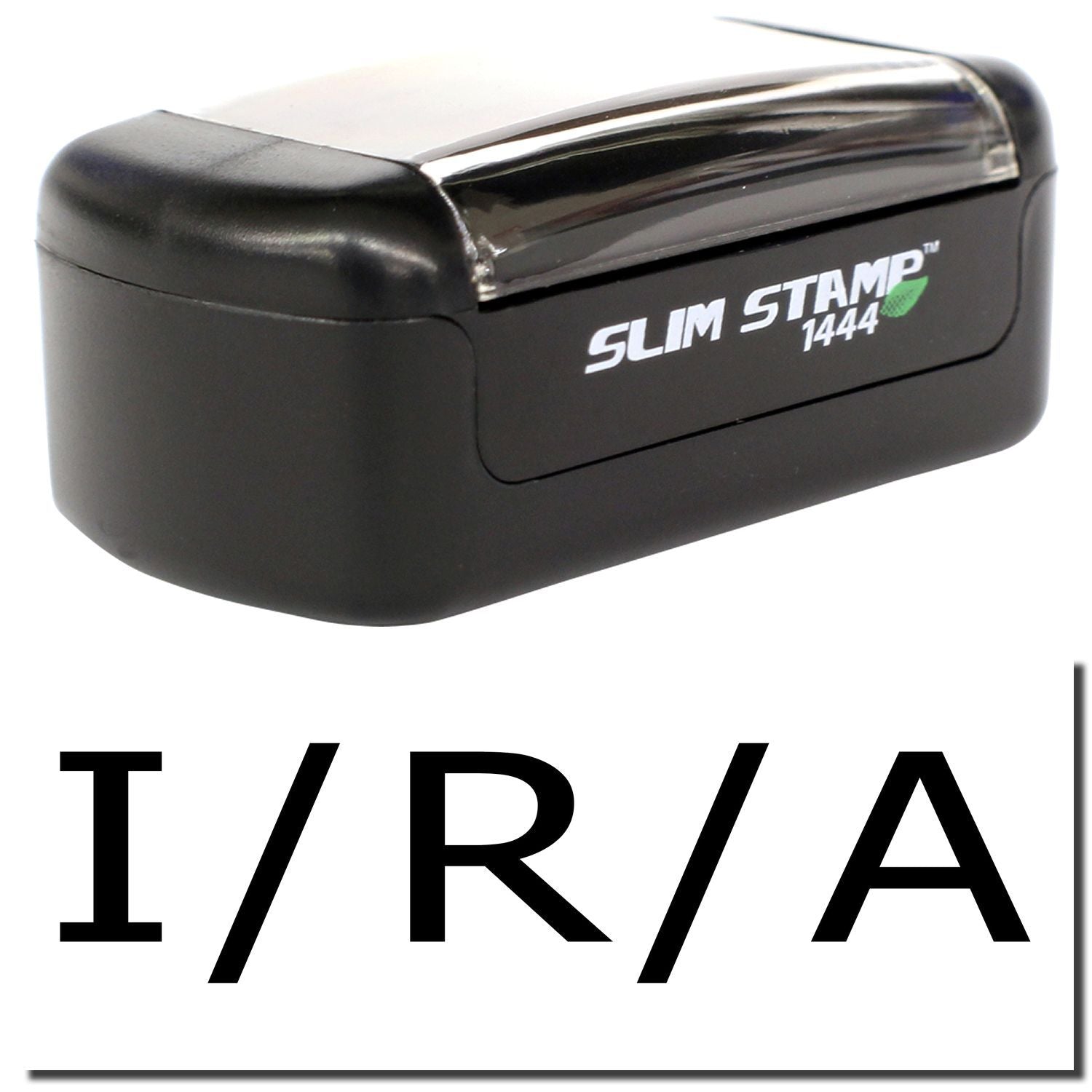 Black Slim Stamp 1444 self-inking office stamp with I/R/A imprint on white background