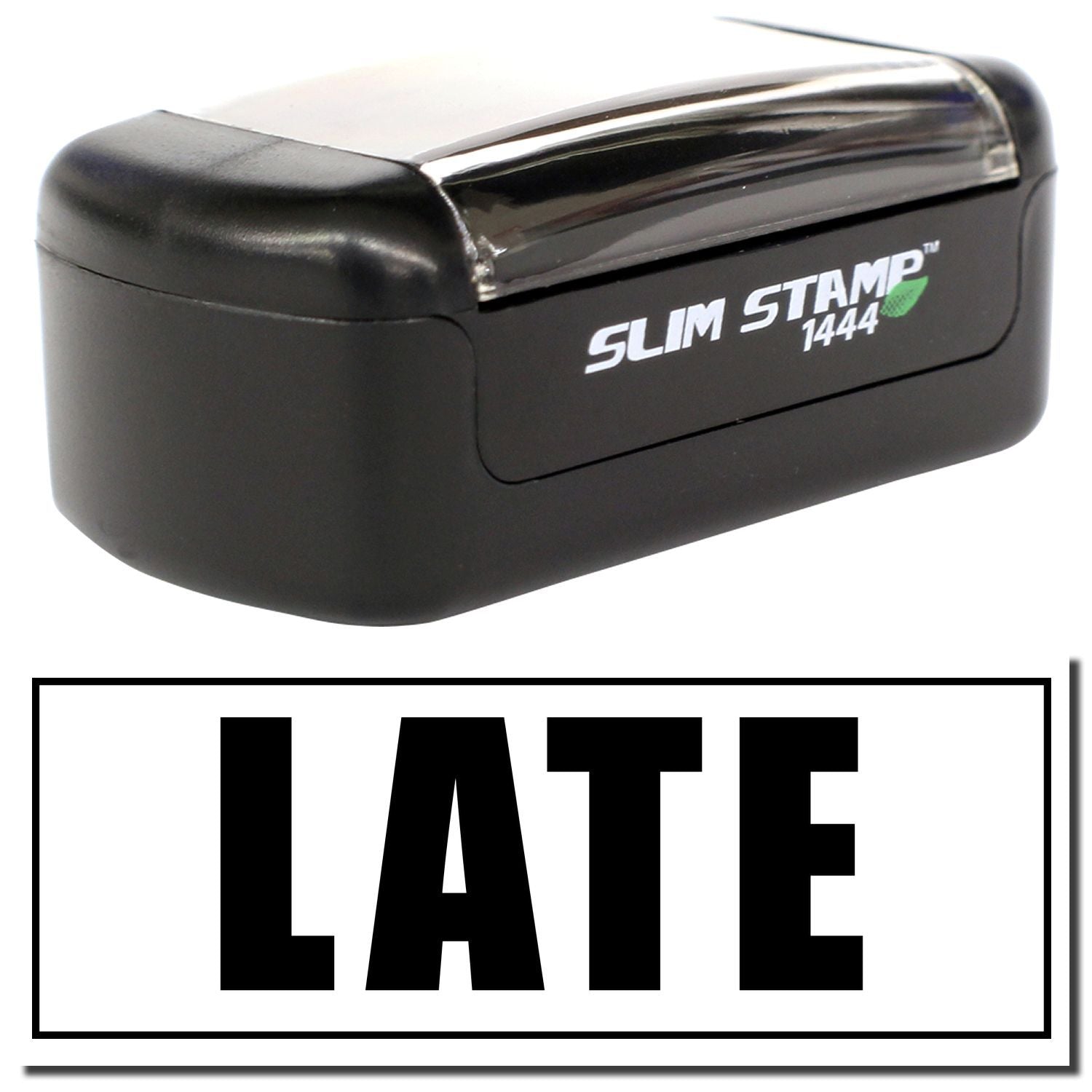 Black Slim Stamp 1444 LATE self-inking office stamp on white background