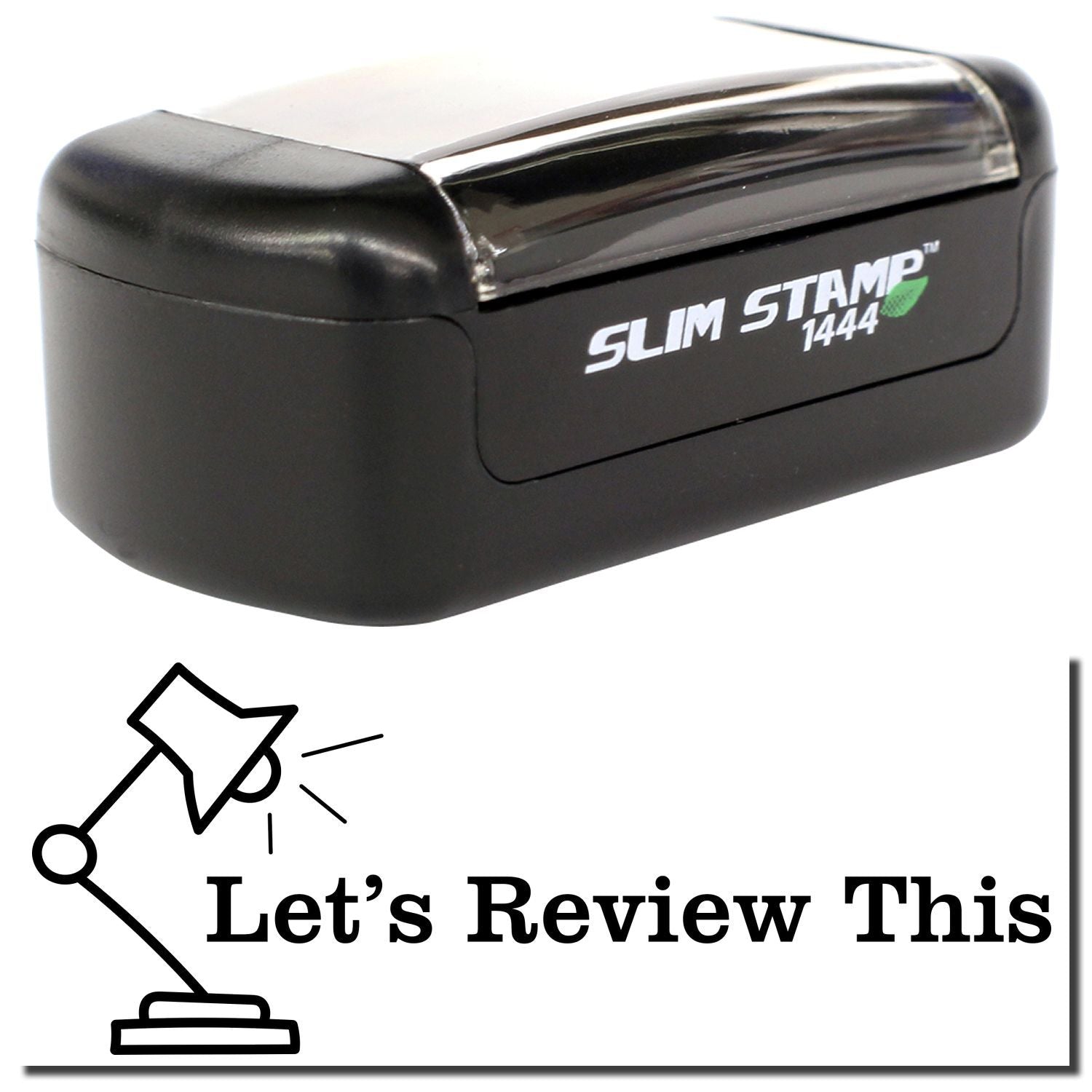 Slim Stamp 1444 self-inking rubber stamp review graphic on a white background