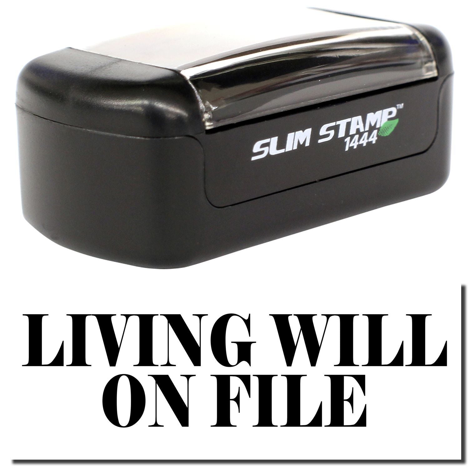 Black Slim Stamp 1444 embossing stamp with Living Will On File text for medical and legal document labeling.