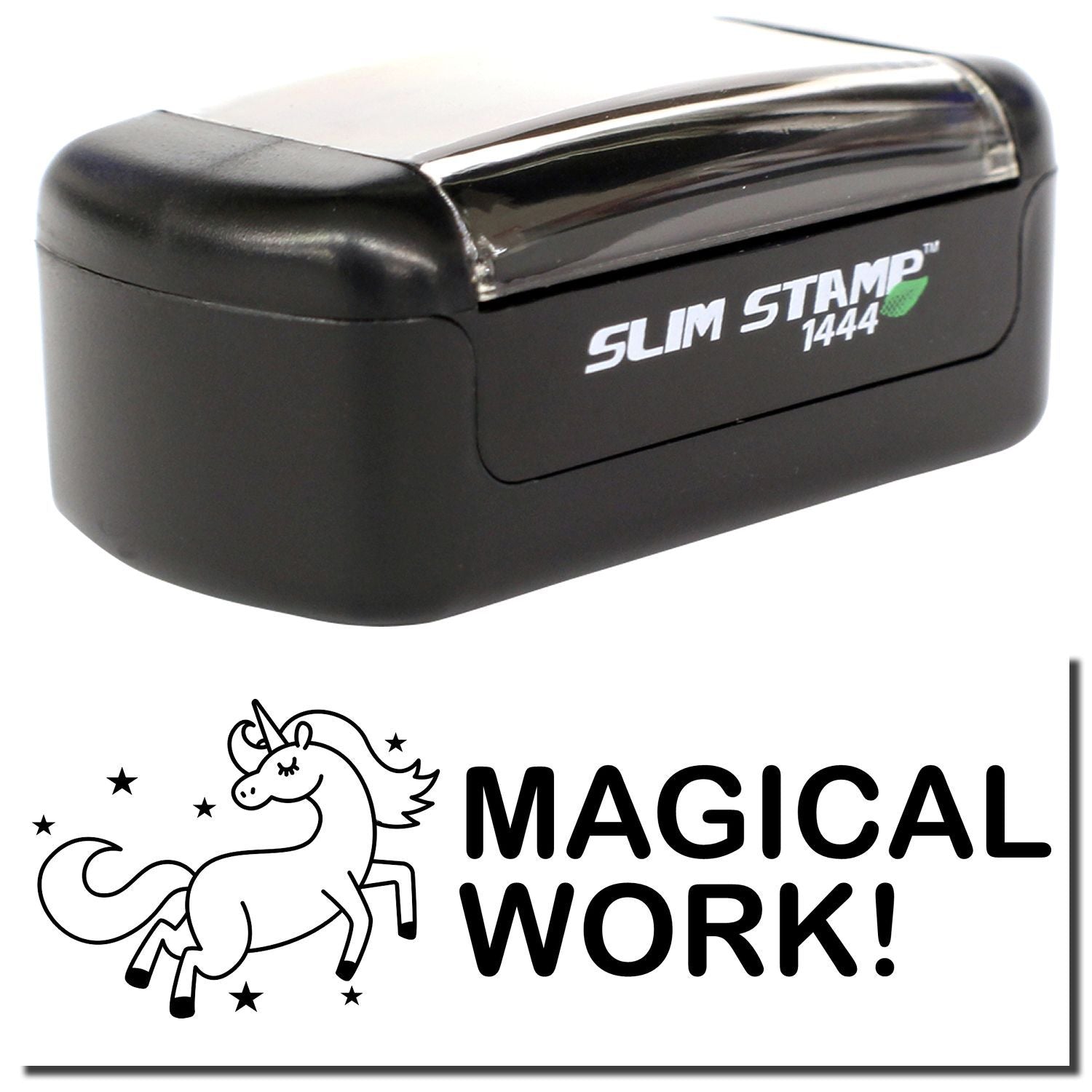 Black Slim Stamp 1444 self-inking stamp with Magical Work! unicorn design