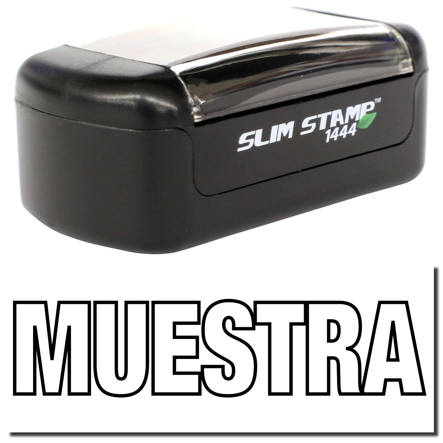 Black Slim Stamp 1444 self-inking stamp with MUESTRA text on a white background.