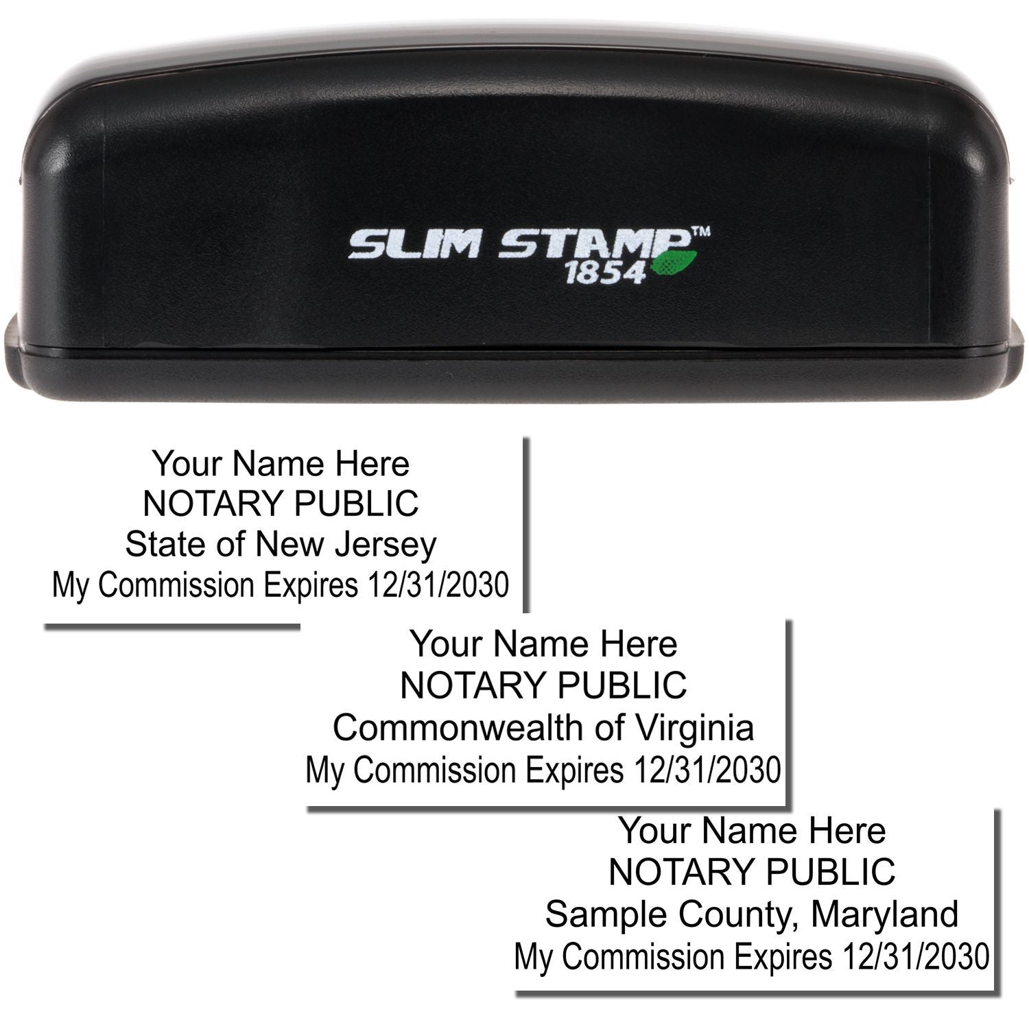Slim Stamp 1854 notary public stamp with custom embossing examples for New Jersey, Virginia, and Maryland.