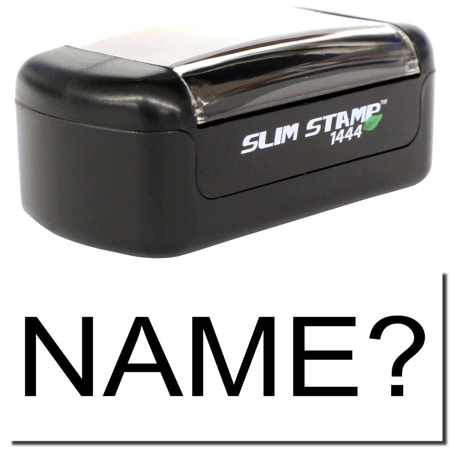 Black Slim Stamp 1444 self-inking custom name stamp on white background.