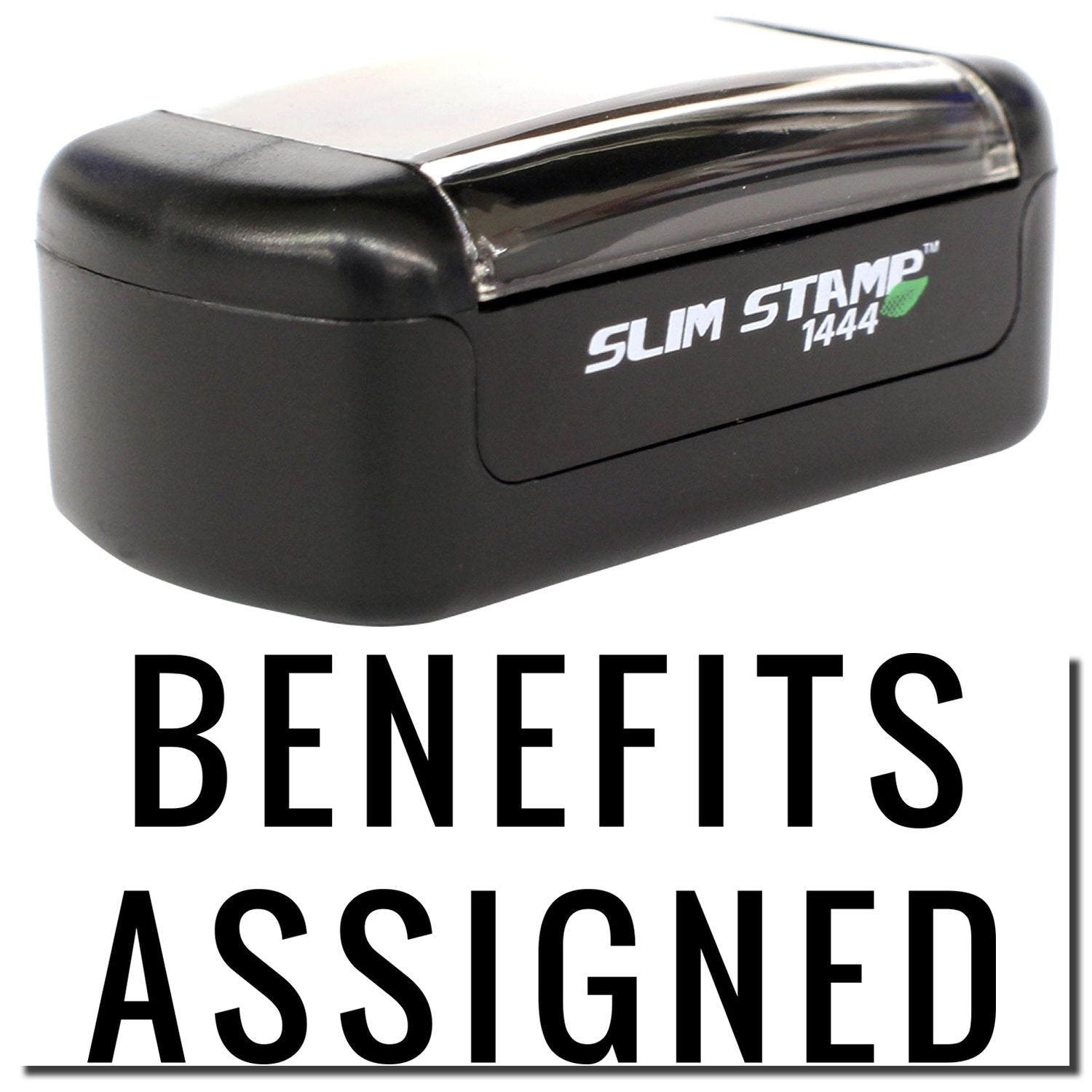Slim Stamp 1444 self-inking office stamp with Benefits Assigned text, black compact stamp for office and HR paperwork.