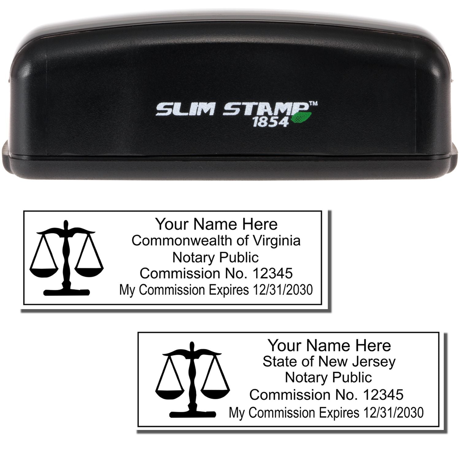 Custom Slim Stamp 1854 notary public stamp with Virginia and New Jersey sample impressions for commission number and expiration date.