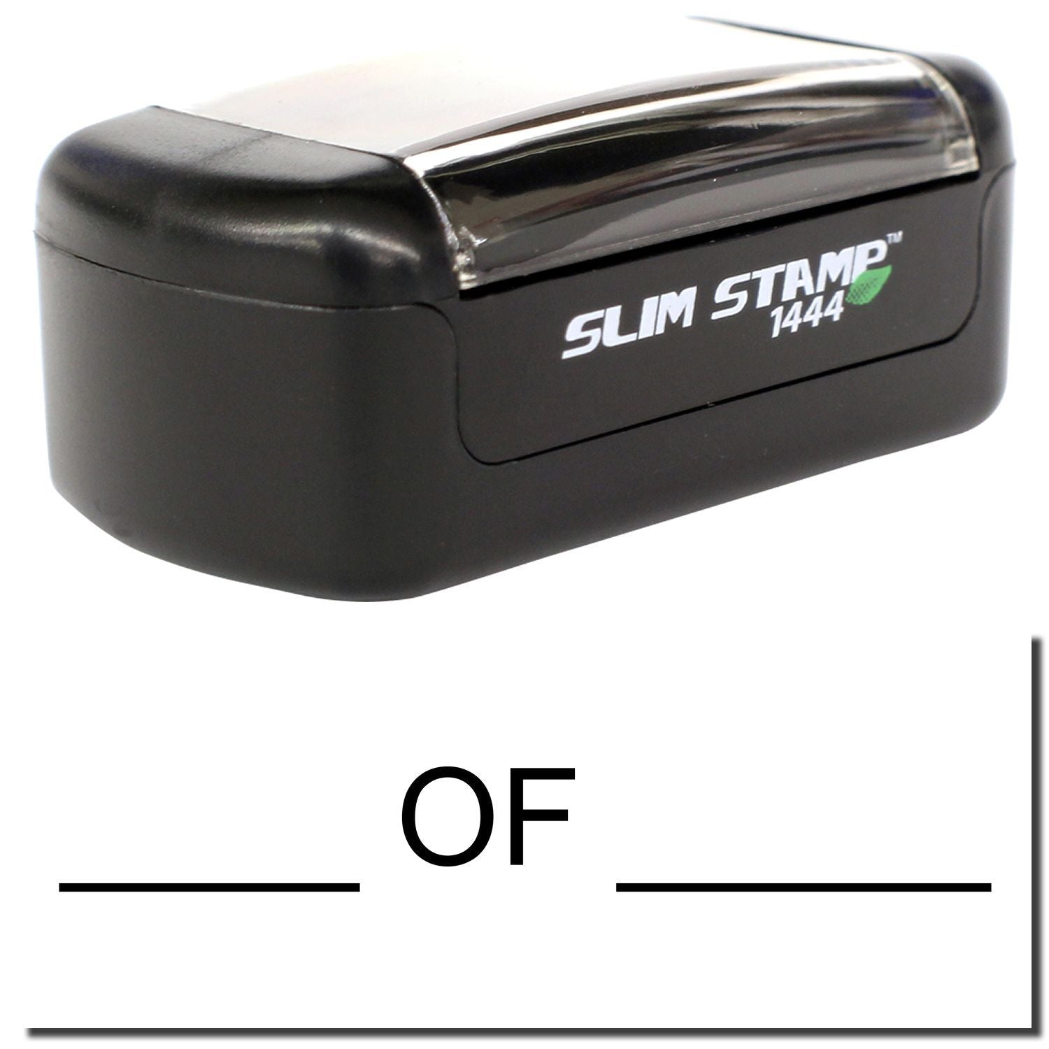 Black Slim Stamp 1444 self-inking pocket stamp on a white background, compact office stamp for everyday use