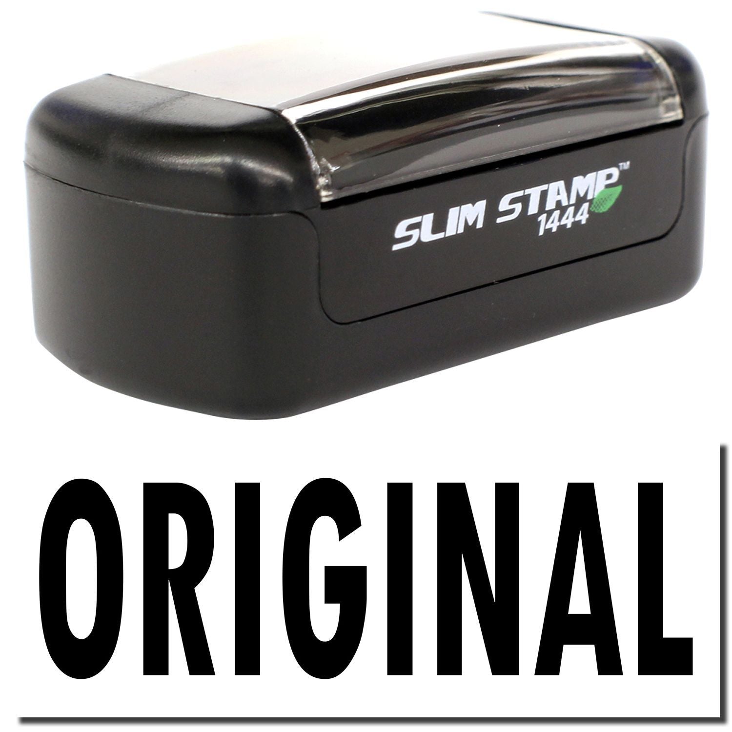 Black Slim Stamp 1444 original self-inking stamp with compact design and clear imprint label.