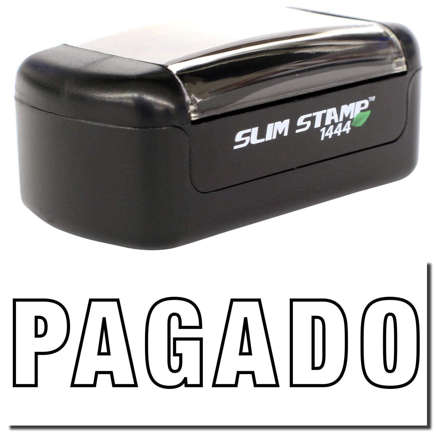 Black Slim Stamp 1444 PAGADO self-inking rubber office stamp for marking documents as paid.