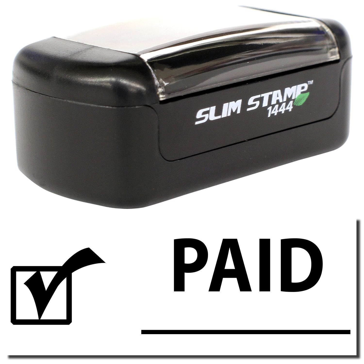 Black Slim Stamp 1444 self-inking PAID rubber stamp on white background