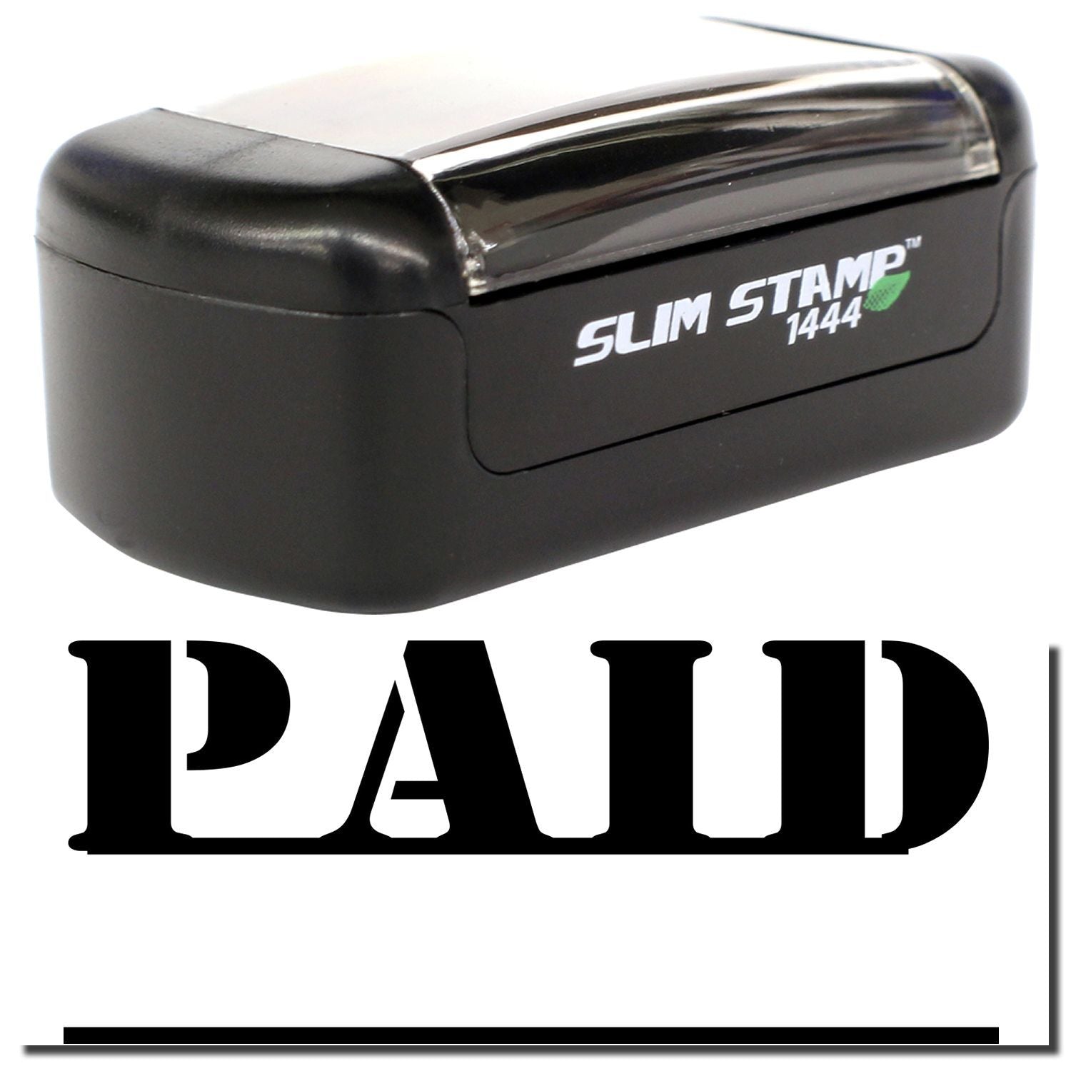 Slim Stamp 1444 self-inking paid stamp with black PAID imprint, office supply tool for document processing