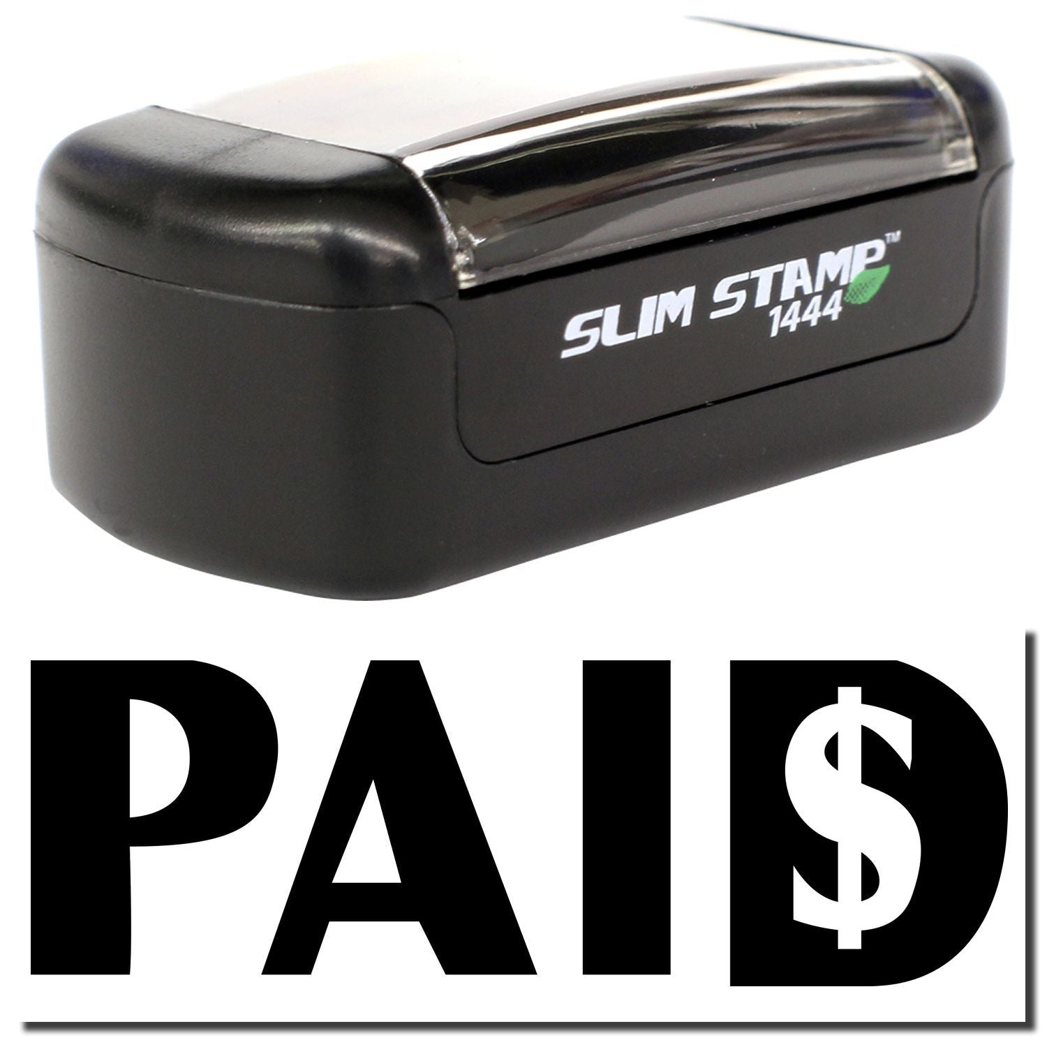 Black Slim Stamp 1444 self-inking paid stamp for office documents and accounting records
