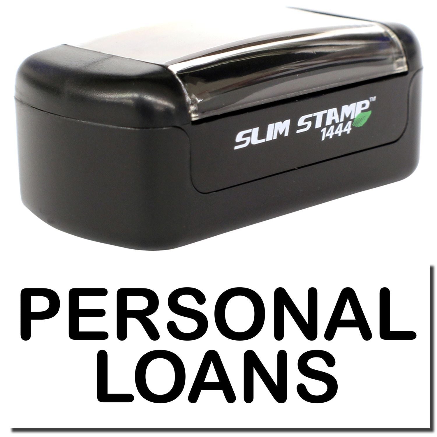 Slim Stamp 1444 rubber stamp for personal loans, black office stamp on white background.