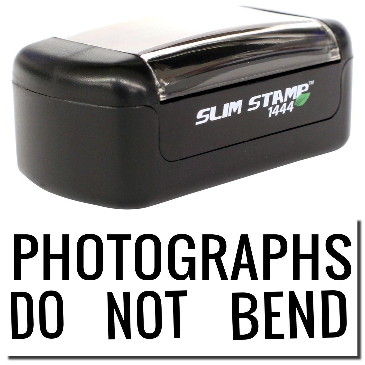Black Slim Stamp 1444 self-inking stamp with Photographs Do Not Bend message for photo mailers and packaging.