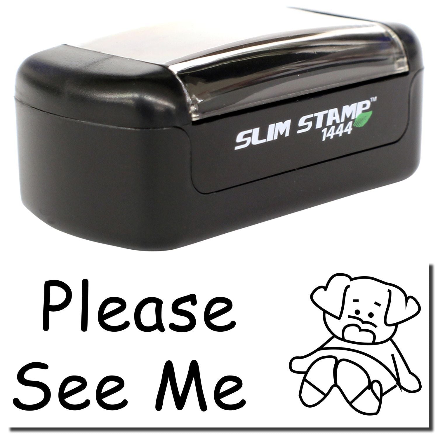 Slim Stamp 1444 self-inking Please See Me office stamp with sad face graphic on white background