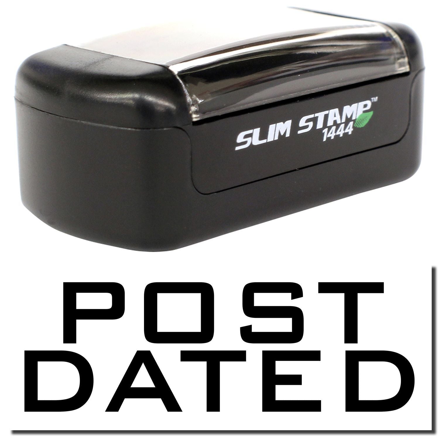 Black Slim Stamp 1444 self-inking post dated office stamp on white background