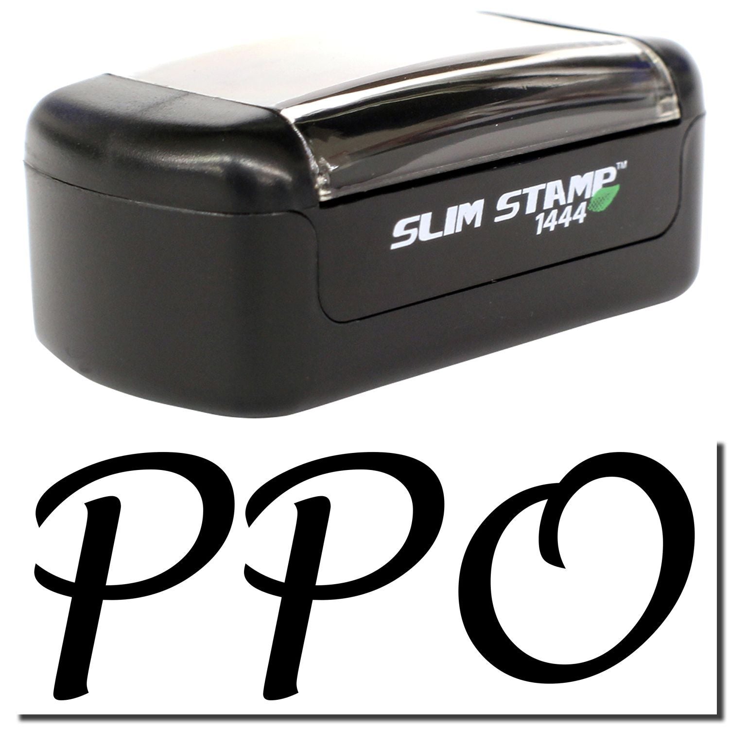Black Slim Stamp 1444 self-inking rubber stamp with PPO logo on white background