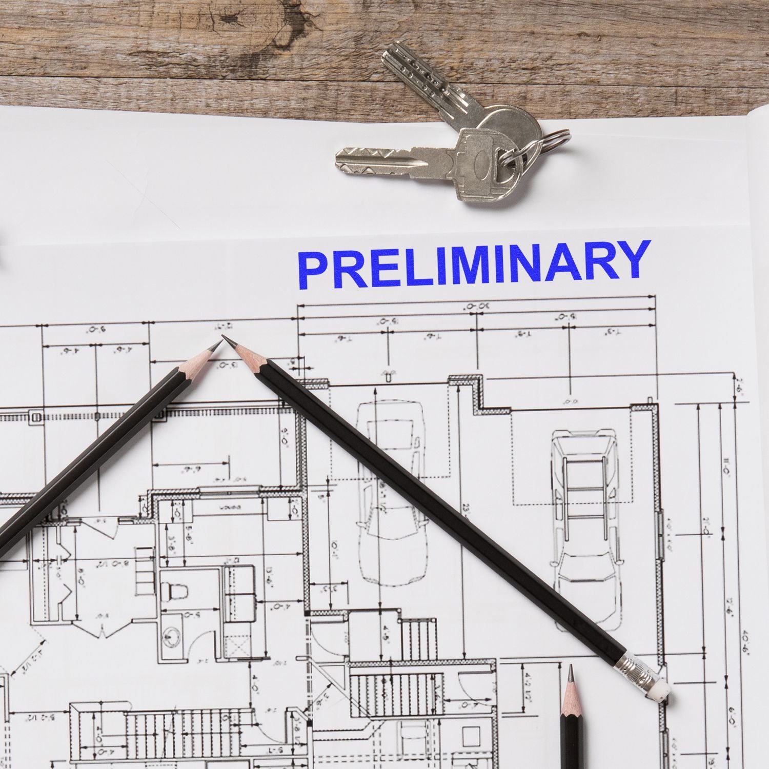 Preliminary house floor plan blueprint with pencils and keys on a wooden desk.