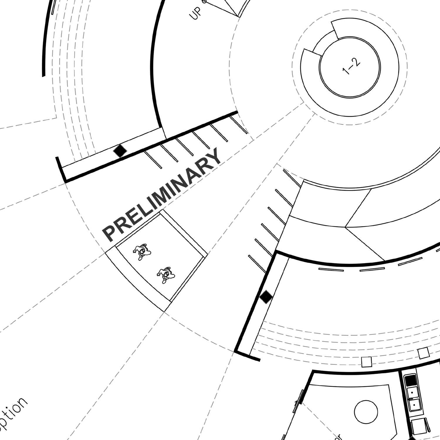 Architectural floor plan detail with preliminary layout, curved building design, and labeled sections in black and white.