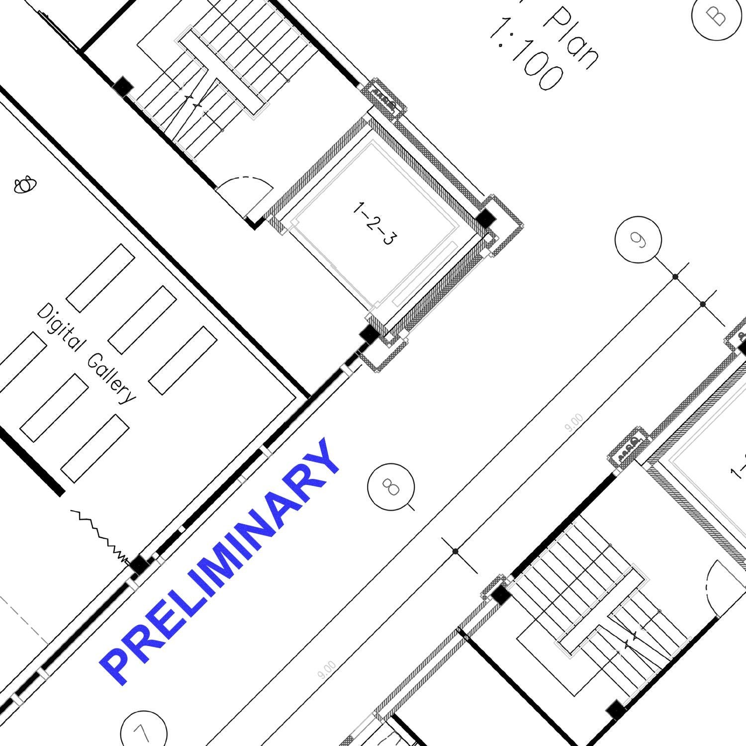 Preliminary architectural floor plan drawing with staircase, digital gallery, and room layout at 1:100 scale.