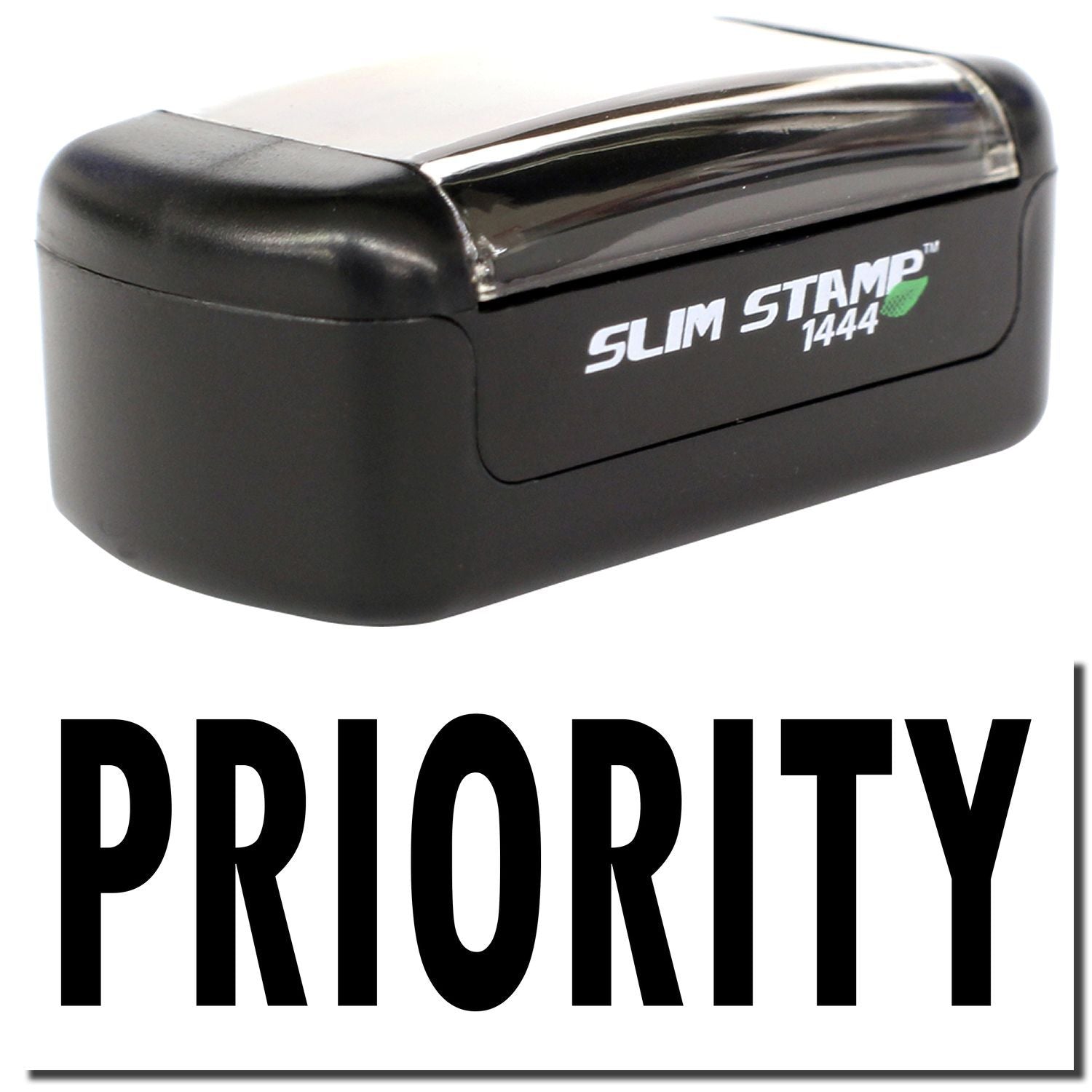 Black Slim Stamp 1444 priority mail stamp on white background, office labeling tool for PRIORITY marking.