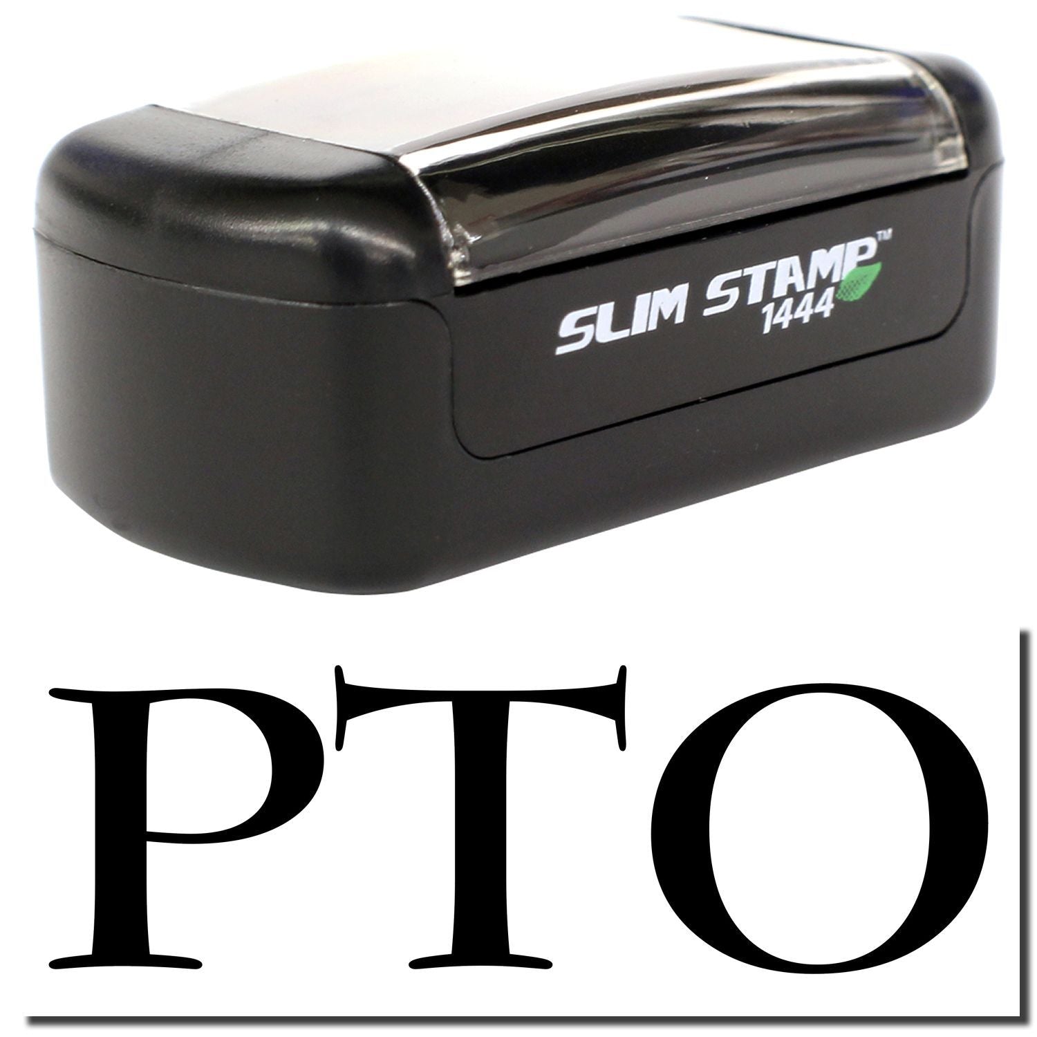 Black Slim Stamp 1444 PTO self-inking pocket stamp on a white background