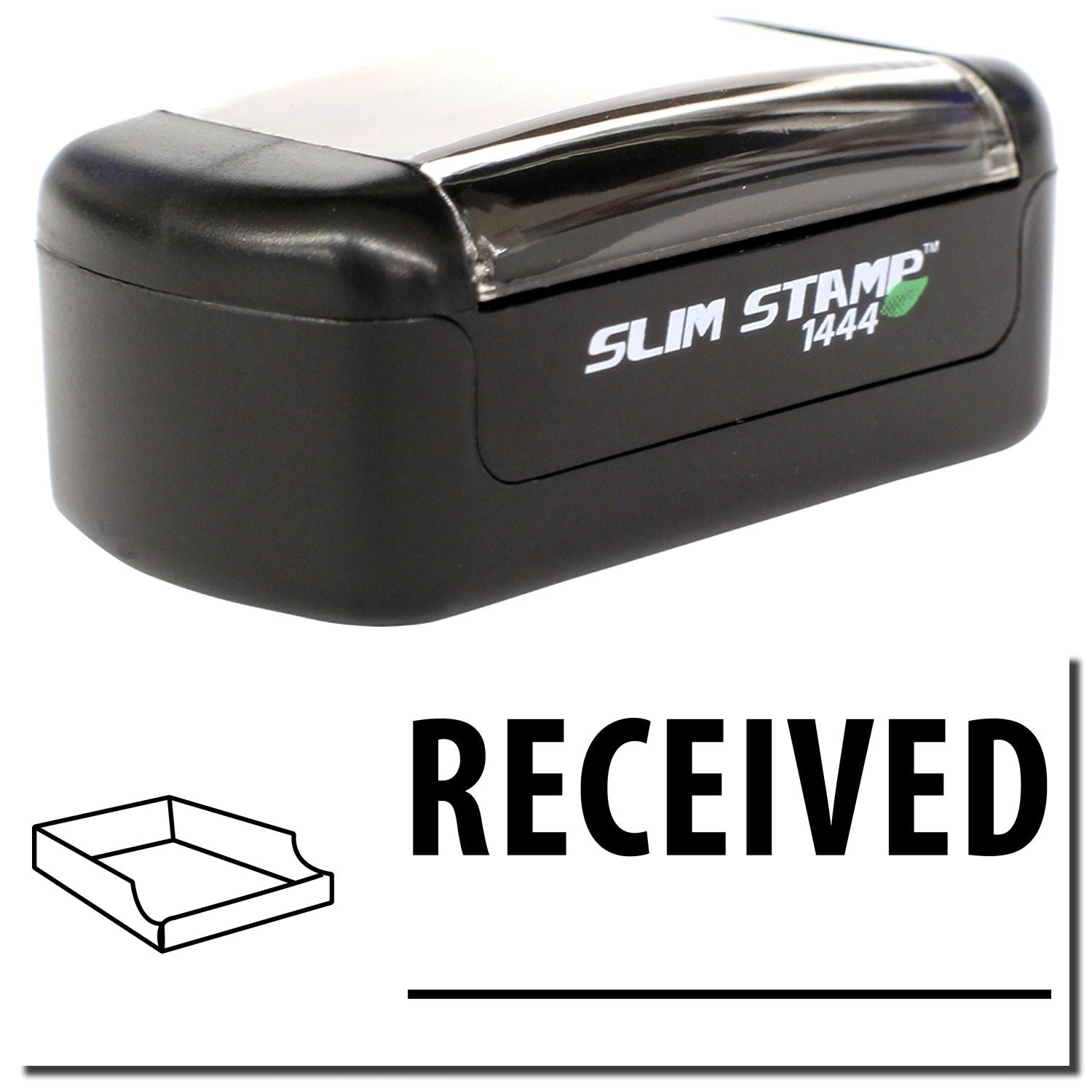 Black Slim Stamp 1444 self-inking Received office stamp with ink pad for paperwork and document processing.