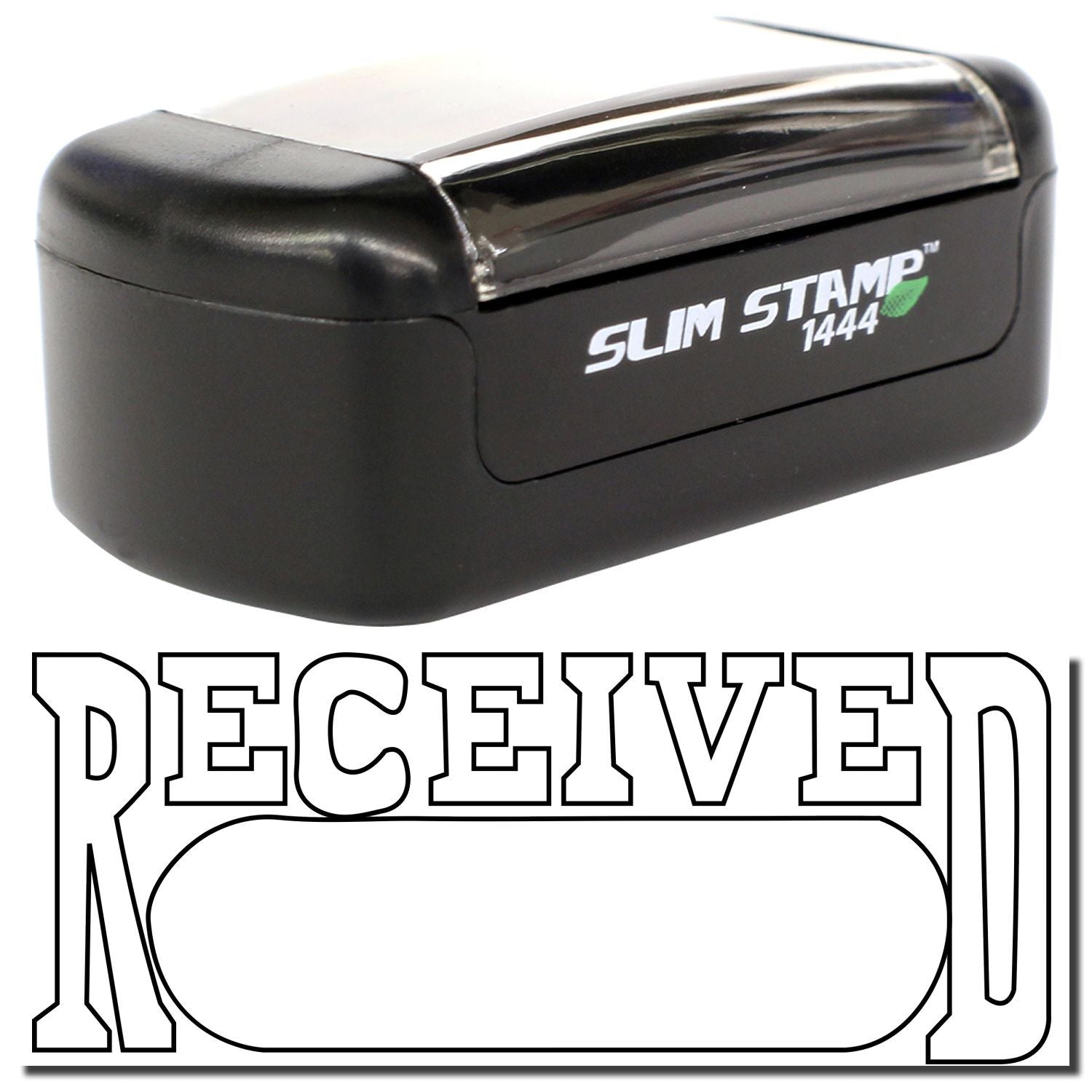 Slim Stamp 1444 self-inking received stamp with black casing and bold RECEIVED imprint.