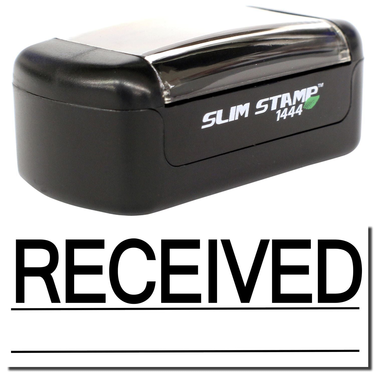 Black Slim Stamp 1444 self-inking received stamp for office document processing.