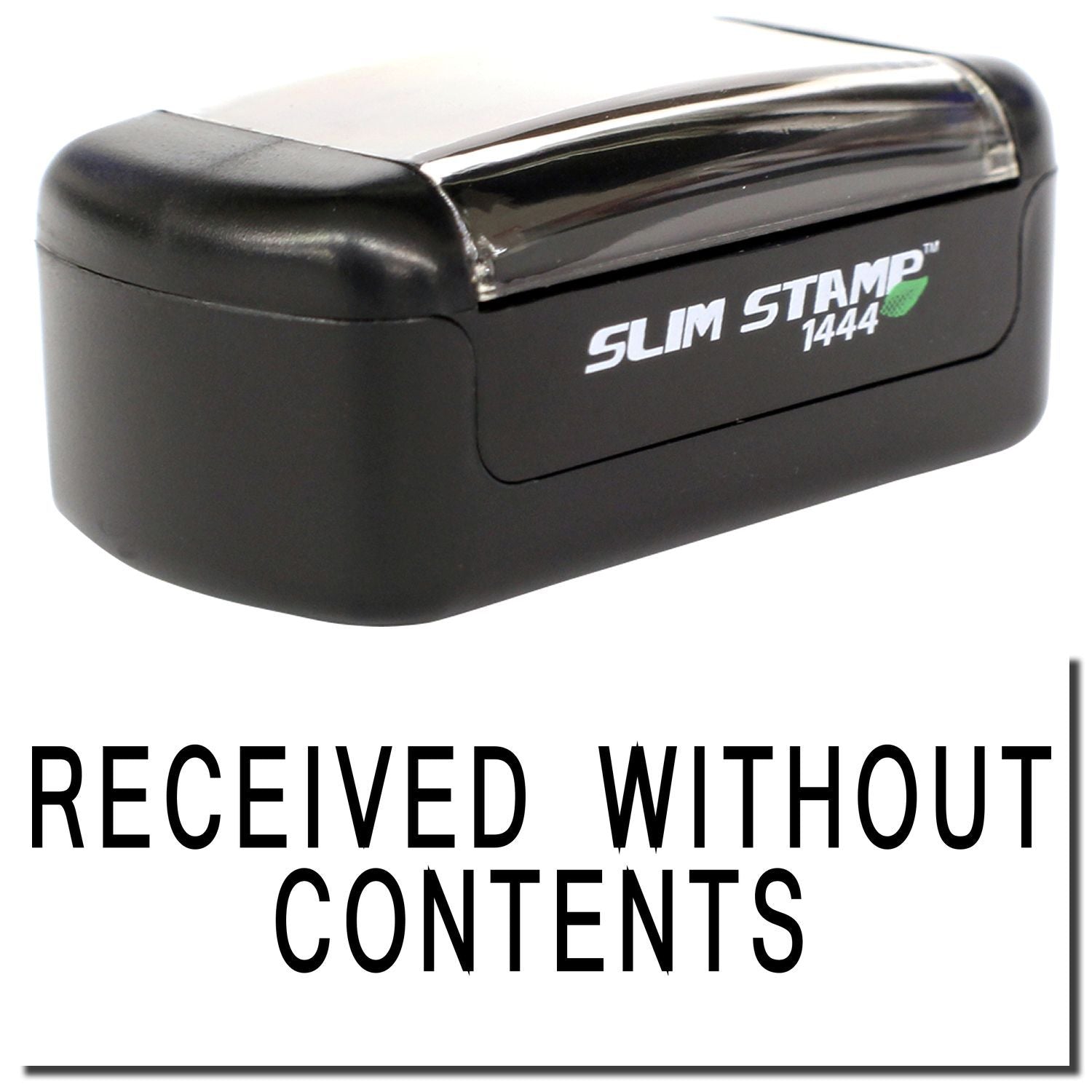 Slim Stamp 1444 Received Without Contents office stamp, black handheld self-inking stamp.