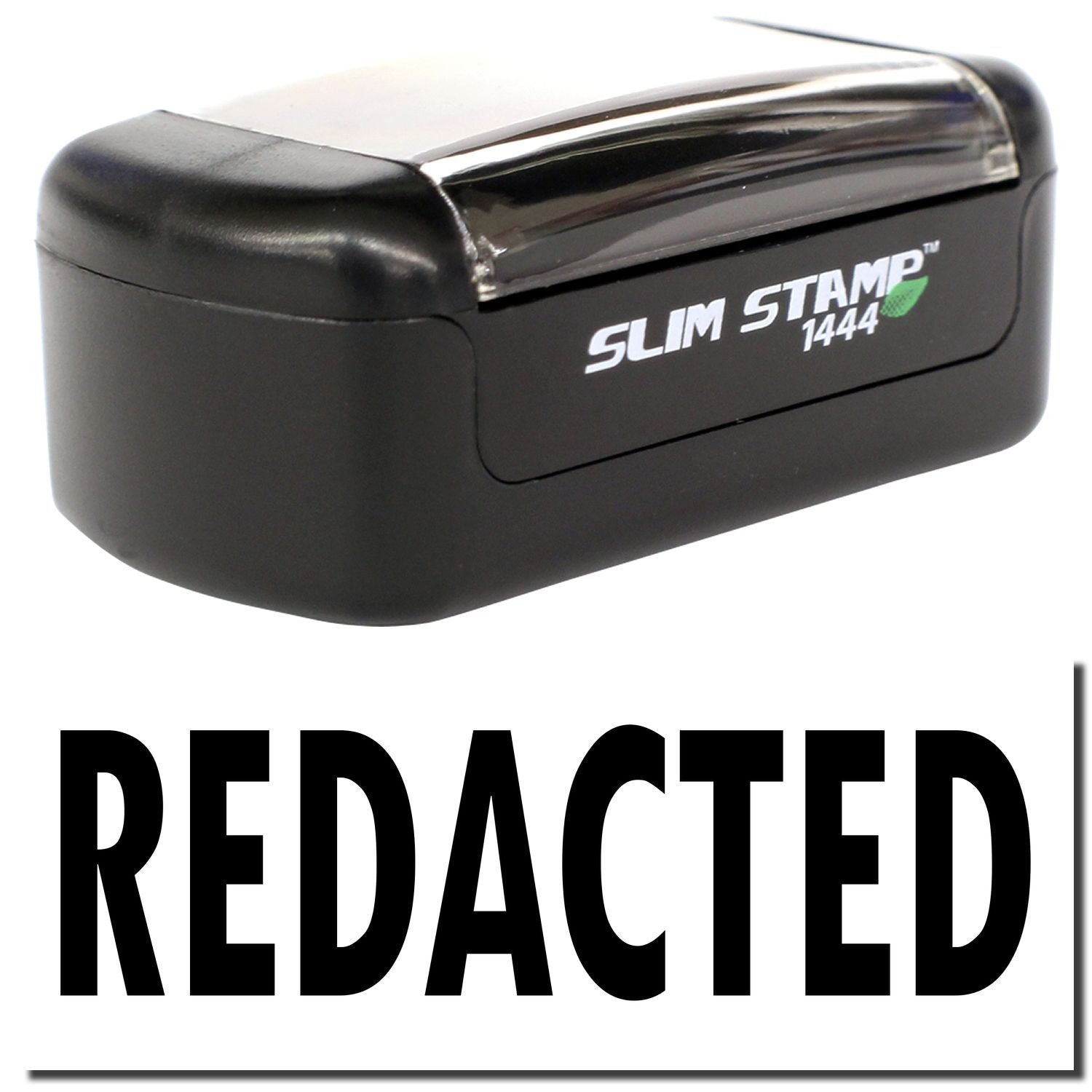 Redacted stamp with Slim Stamp 1444 office stamper on white background.