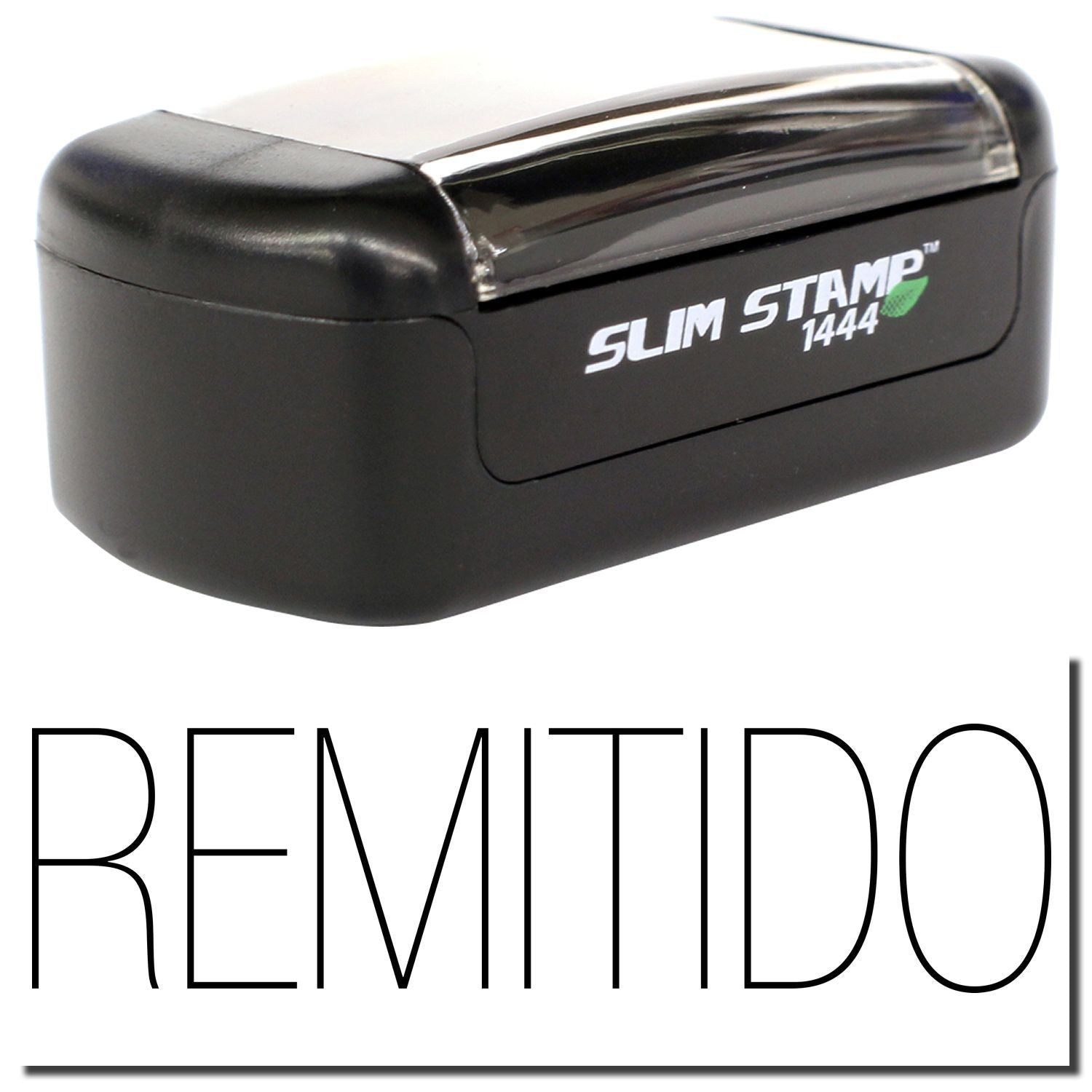 Black Slim Stamp 1444 self-inking pocket stamp by Remitto, compact portable rubber stamp in black case
