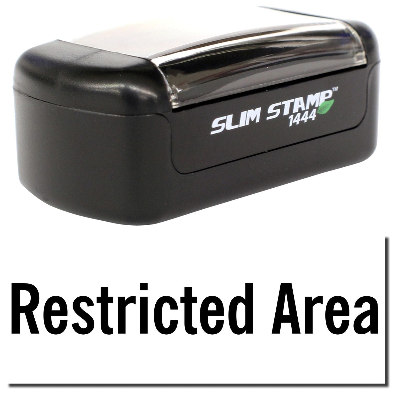Black Slim Stamp 1444 self-inking stamp with Restricted Area imprint, office security rubber stamp.