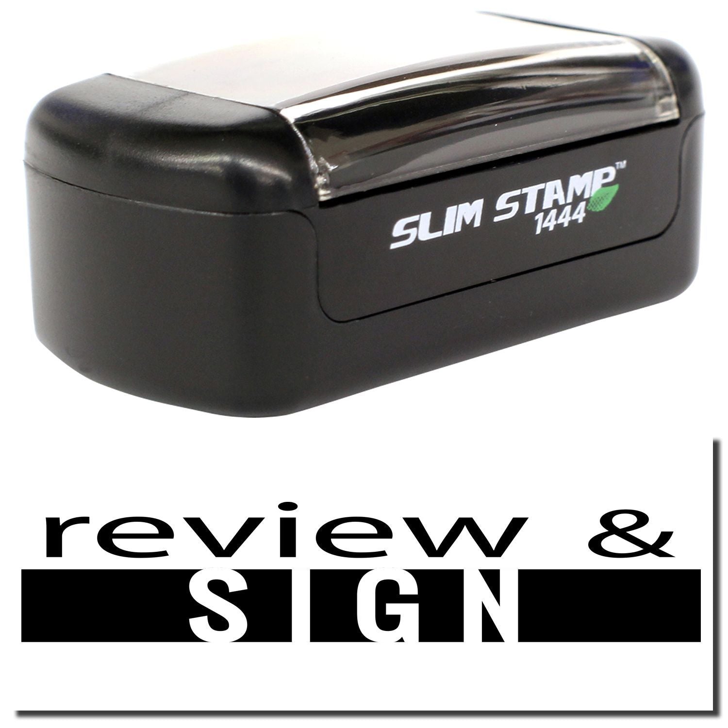 Slim Stamp 1444 self-inking custom rubber stamp with Review & Sign text design.