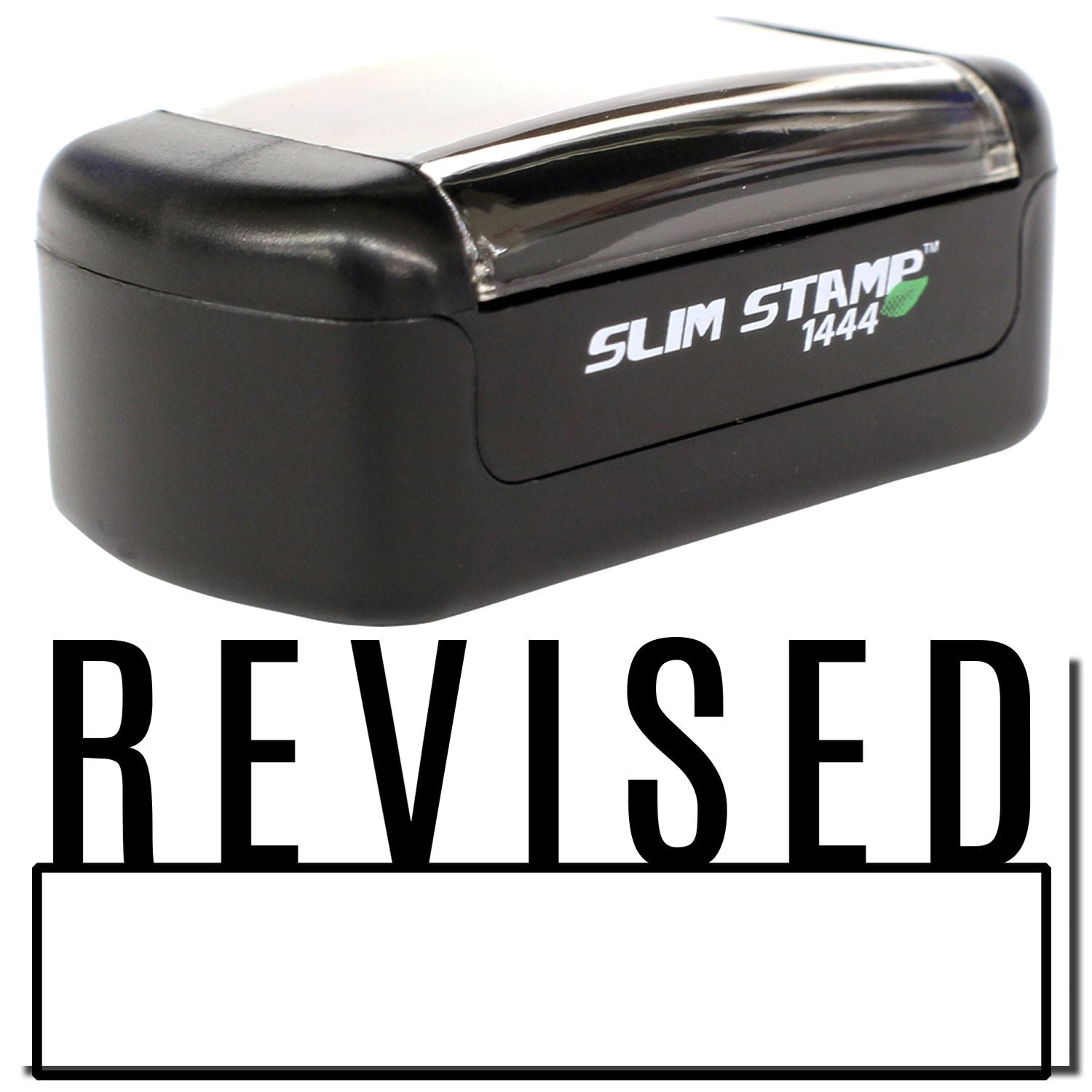 Black Slim Stamp 1444 self-inking revised stamp with clear plastic cover and custom text area.