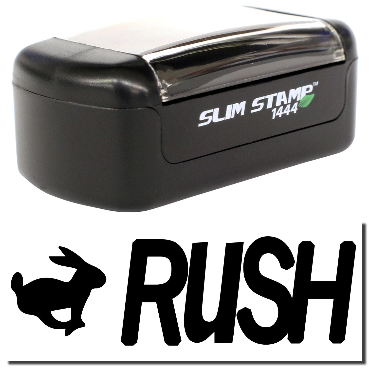 Black Slim Stamp 1444 self-inking rubber stamp with RUSH logo, compact office stamp tool