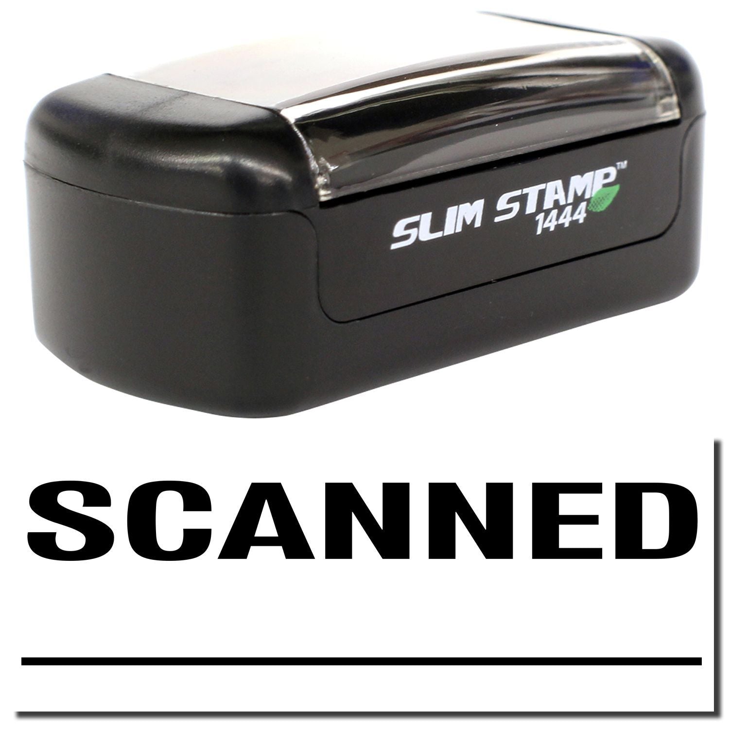 Black Slim Stamp 1444 self-inking rubber stamp with SCANNED text on white background.