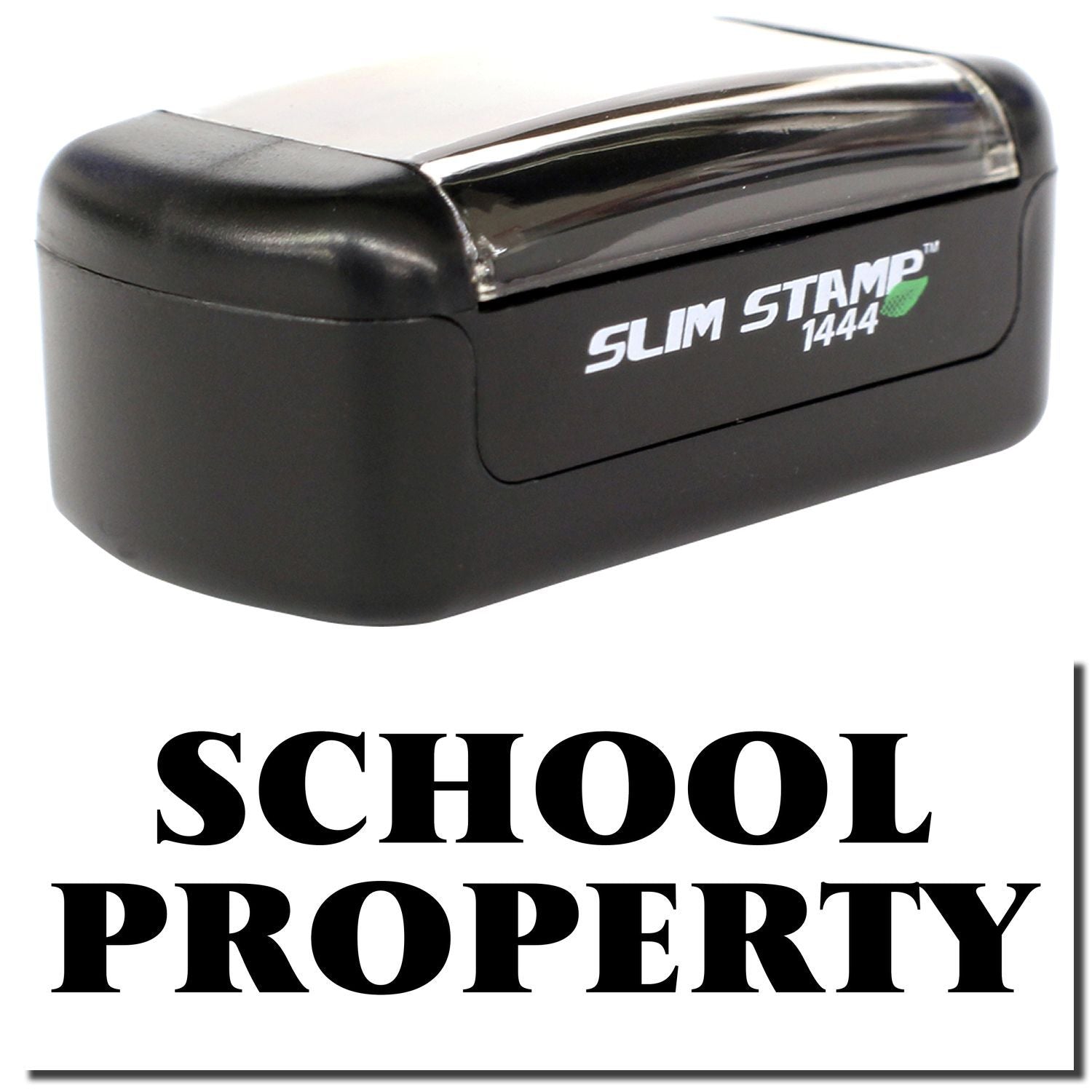 Black Slim Stamp 1444 self-inking school property stamp for marking books, supplies, and classroom items