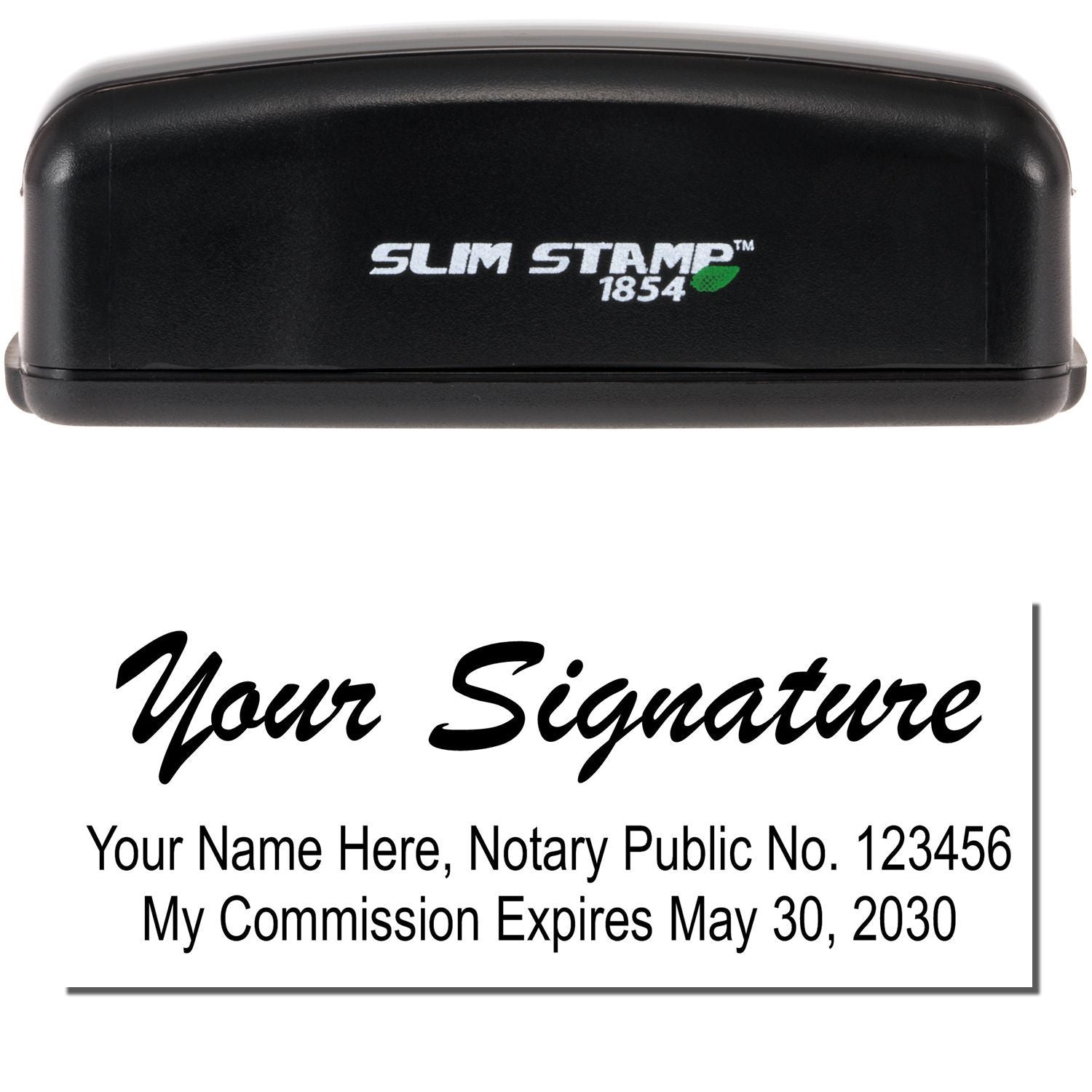 Slim Stamp 1854 custom notary signature stamp with name, notary public number, and commission expiration date preview