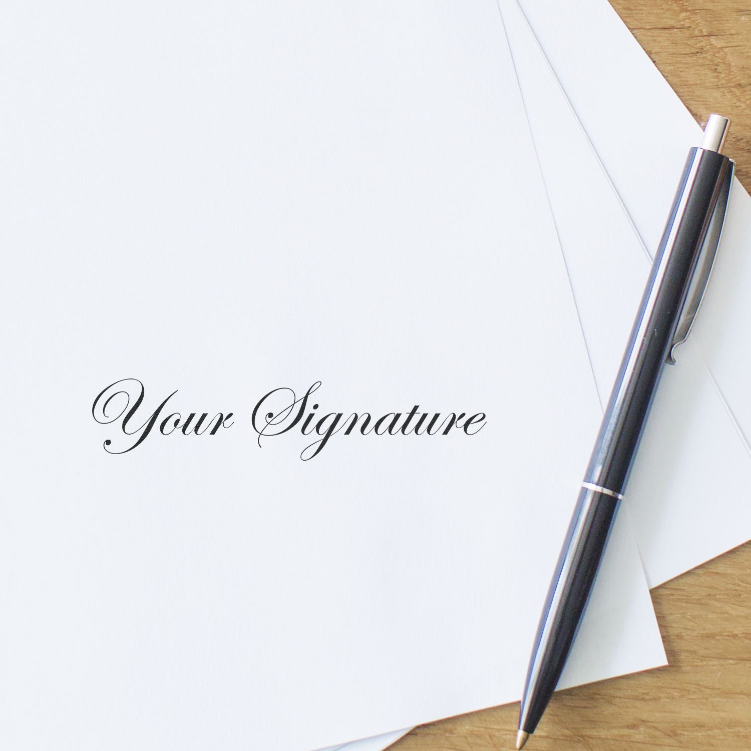 Elegant pen on white paper with Your Signature text, business writing concept.