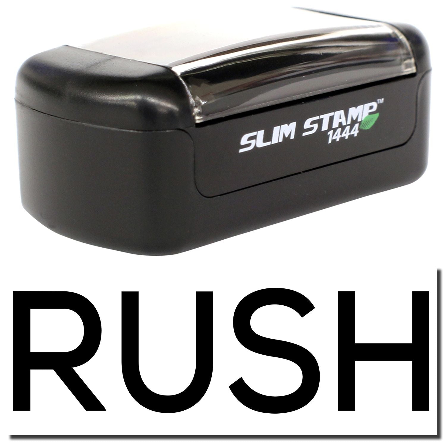 Black Rush Slim Stamp 1444 self-inking rubber stamp with compact design, isolated on white background.