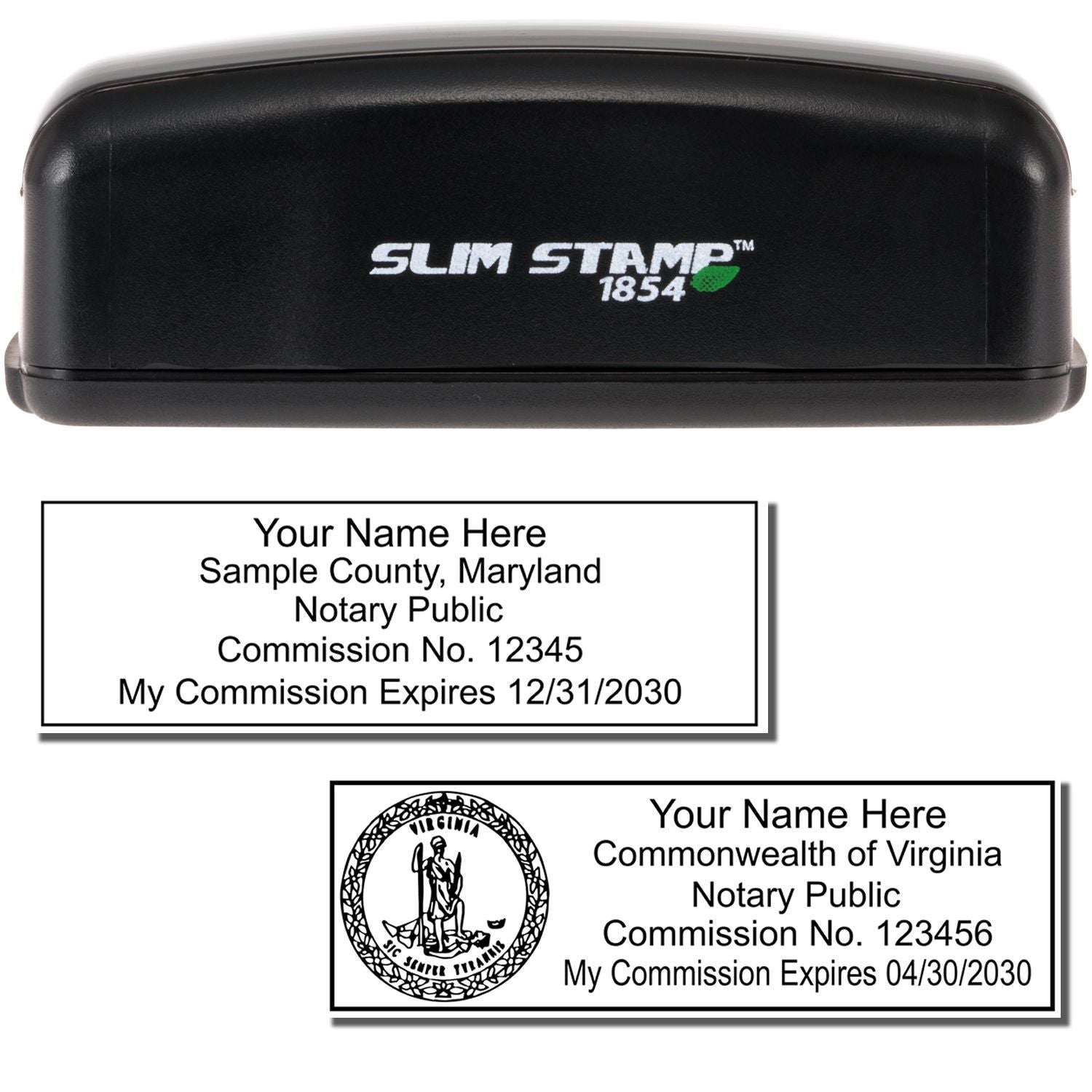 Slim Stamp 1854 notary stamp with custom Maryland and Virginia notary public imprint examples.