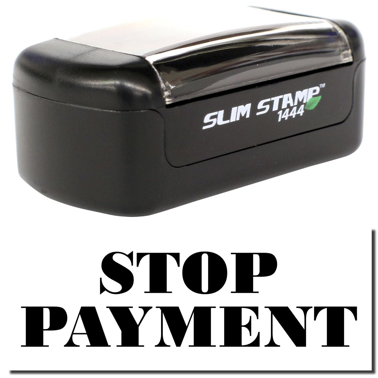 Slim Stamp 1444 stop payment self-inking rubber stamp for banking and office use.