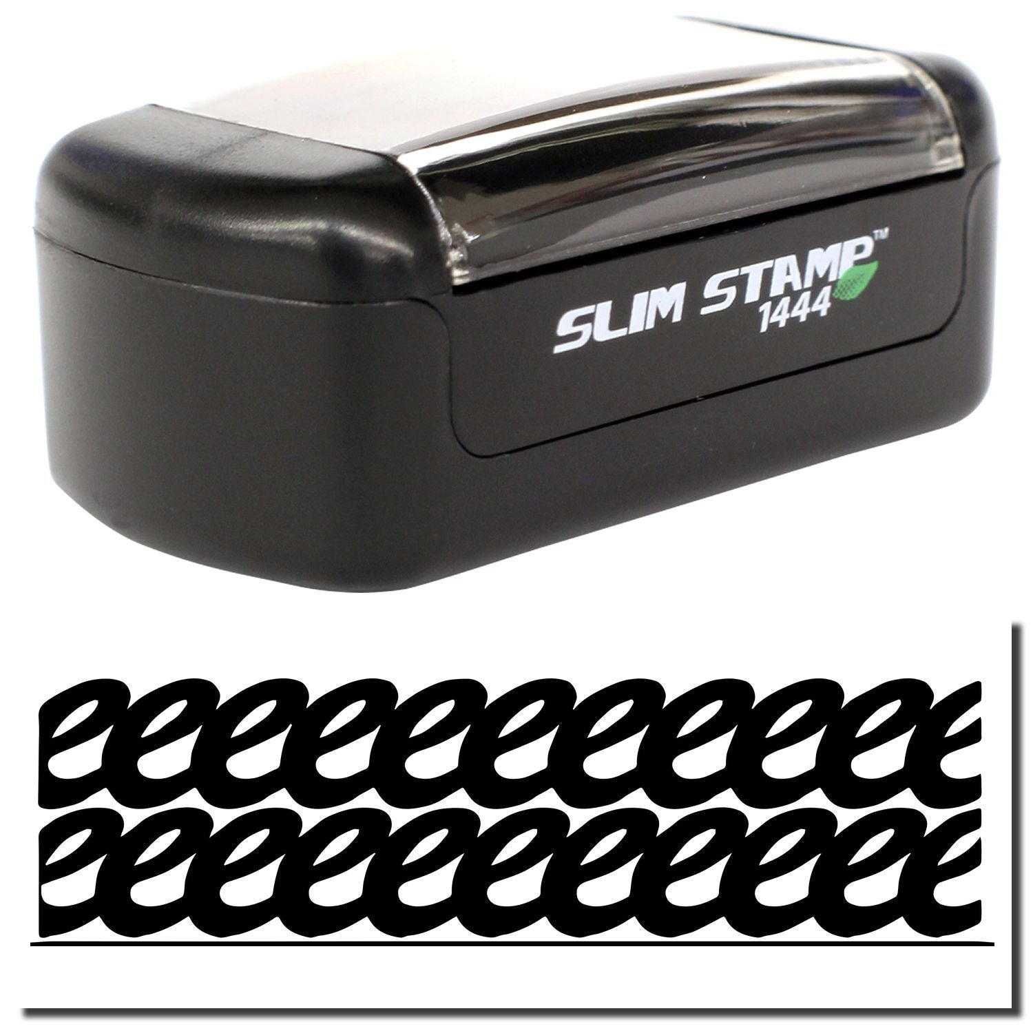 Black Slim Stamp 1444 self-inking pocket stamp with a slim compact design and repeating decorative imprint pattern