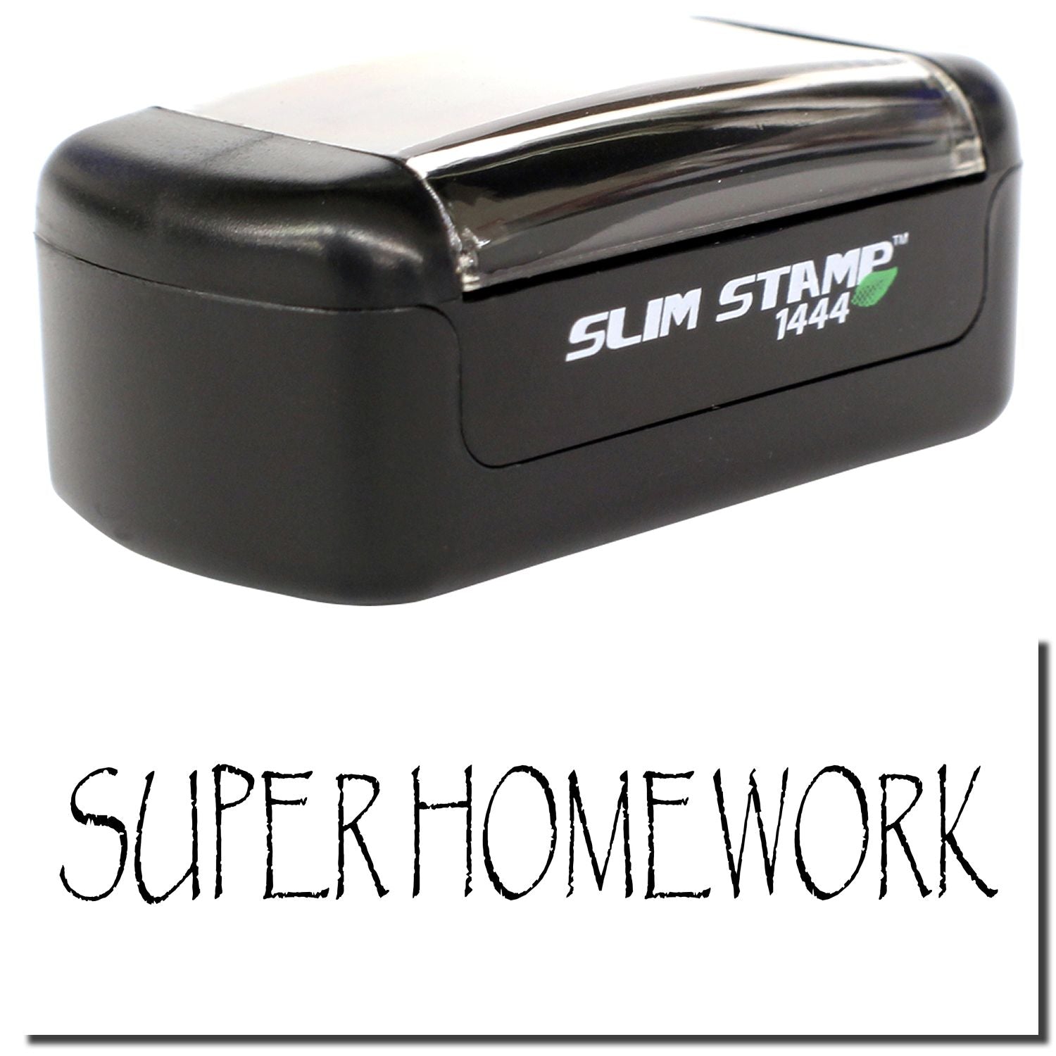 Black Slim Stamp 1444 self-inking stamp with Super Homework imprint, office and teacher supply tool.