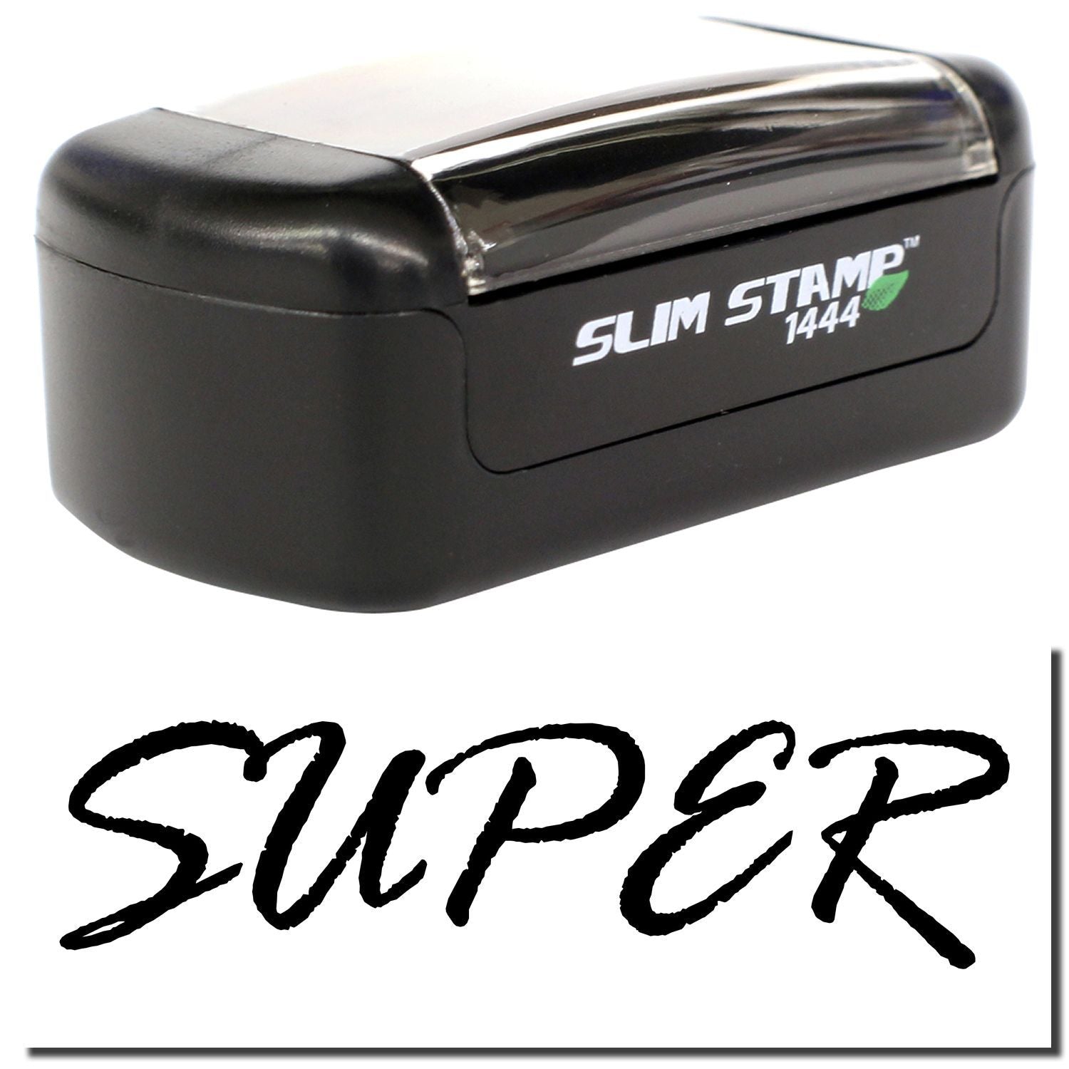 Black Slim Stamp 1444 self-inking rubber stamp with SUPER imprint design on white background