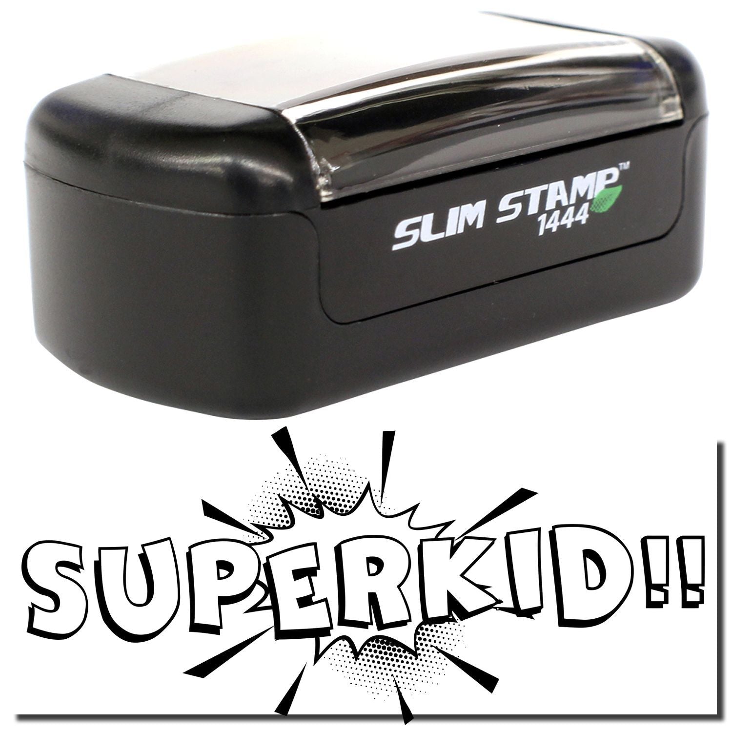 Black Slim Stamp 1444 self-inking custom stamp with bold SUPERKID!! comic-style design on a white background.